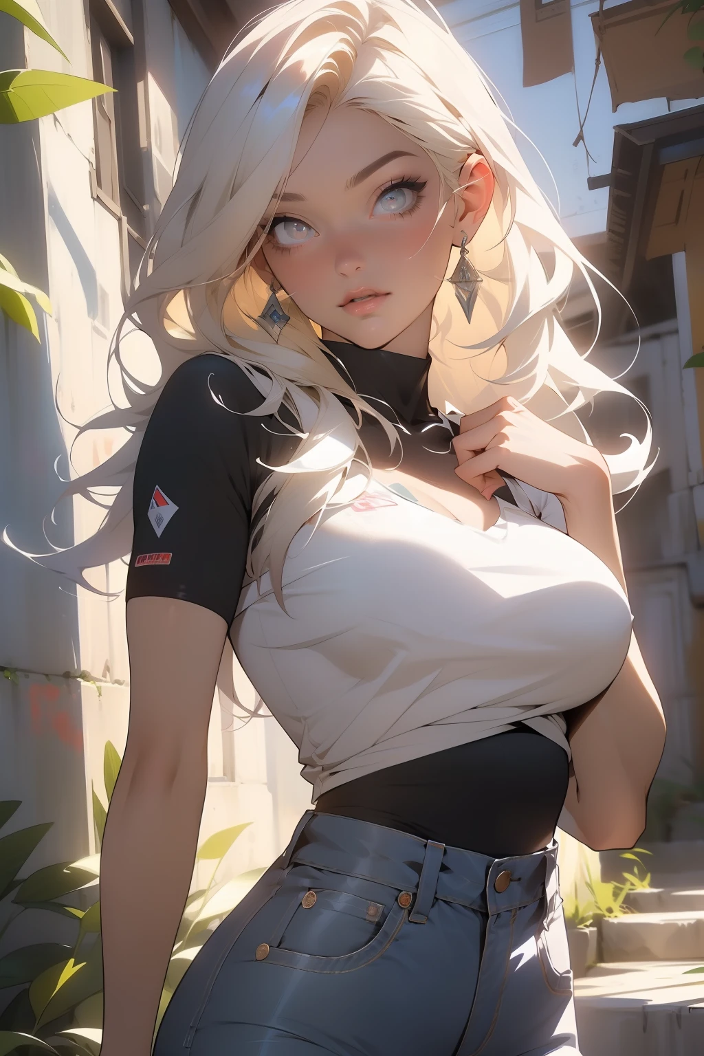 (fundo, misto-language_text, letras japonesas em graffit, mulher linda , longos cabelos negros,::((melhor qualidade)), ((obra-prima)), (muito detalhado:1.3)(masterpiece:1.2, melhor qualidade), (finamente detalhados belos olhos: 1.2), (masterpiece:1.2, melhor qualidade), (finely detailed beautiful eyes: 1.2), ::style joe madureira comic stiyle ::2.9 (masterpiece:1.2, best quality), (finely detailed beautiful eyes: 1.2), ((1girl kelly brook very beautiful woman big breast )), ((solo)), (olhos vermelhos:1.4), (olhos finamente detalhados e rosto detalhado:1.3),), (com jeans e uma camiseta ou vestido branco:1.3), (fundo bonito e claro:1.2), (cg extremamente detalhado, ultra-detalhado, melhor sombra:1.1), ((profundidade de campo)), ((aquarela)), seios grandes, ombros nus, flowers and petals, beautiful concept illustration , (fundo branco:0.5), (illustation :1.1), (extremamente fino e belo:1.1), (detalhes perfeitos: 1.1), obra-prima, alta qualidade, highres, aprimoramento de detalhes, 8k