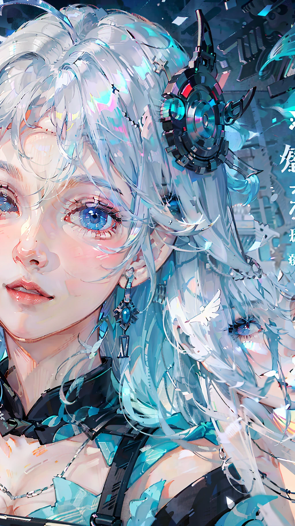 Giant Breast Girl,Side face,Long flowing blue-green hair,red-lips,collar bone,solo dance,collar bone,Shoulders exposed,Silver necklace,In the ocean,With his eyes closed,(((detailed manga illustration))),(((intricate detials))),masterece-piece,Light,
