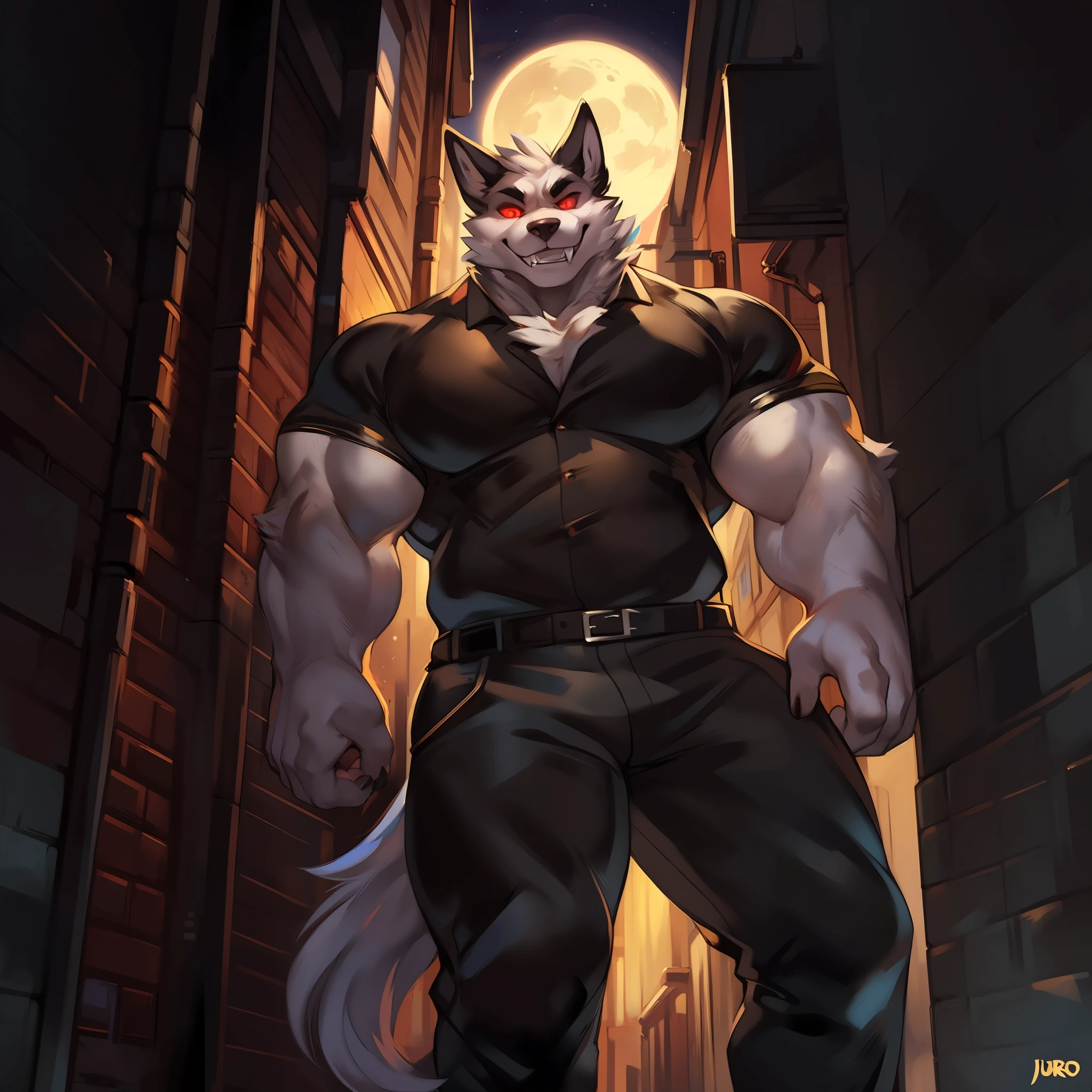 Solo, male, by darkgem, by mystikfox61, by glitter trap boy, by enro the mutt, by juiceps, standing, canine, white fur, red eyes, glowing eyes, muscular, giant, tall, powerful, strong, buff, wide, thick, massive biceps, giant pecs, teeth, fangs, smirking, rape face, evil expression, (((black suit))), black dress pants, alleyway, night, moon, dramatic lighting, stars