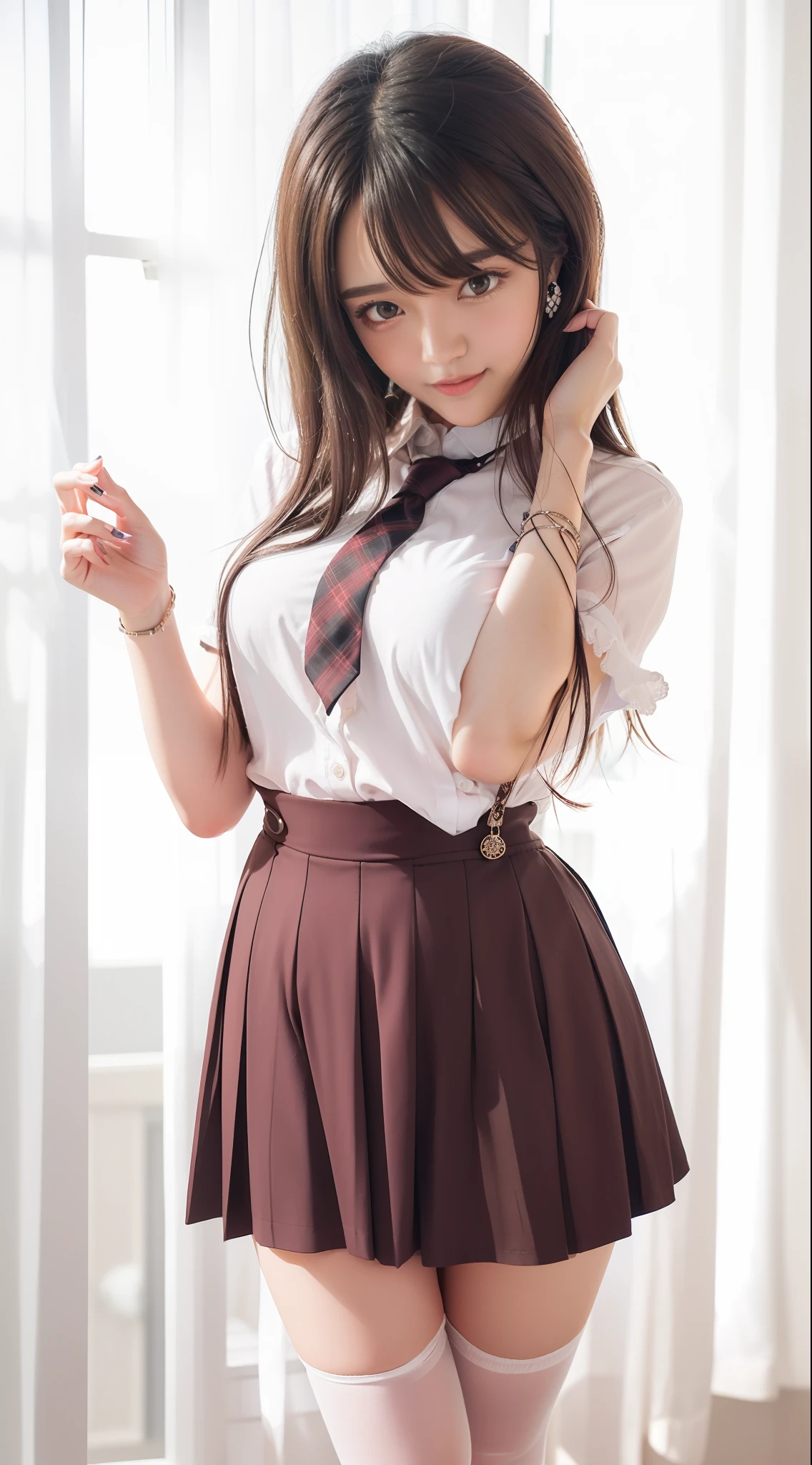 (((Marin Kitagawa))), (masterpiece, best quality), ((extremely detailed, intricate details, lush detail, insanely detailed face, beautiful red eyes, lips, detailed skin, very wide-eyed, skinny)), (( floating hair, shiny skin)), (1girl), wide hips, narrow waist, thick thighs, ((big pupil)) , nervous, ((happy, smile, long hair, younger, blush, tall, black outline, blonde hair, straight hair, seductive eyes, mature female, older, very long hair)), 1girl, toned, ((((indoors, in front of a big window, light shining through window, upper body focus)))), solo, blonde hair, school uniform, skirt, necktie, shirt, shoes, choker, jewellery, white shirt, socks, smile, brown footwear, black socks, looking at viewer, loafers, blue skirt, multicolored hair, plaid, pleated skirt, tied shirt, black choker, bangs, plaid skirt, bracelet, earrings, standing, blue necktie, grin, collared shirt, (((hands behind back, 1girl)))