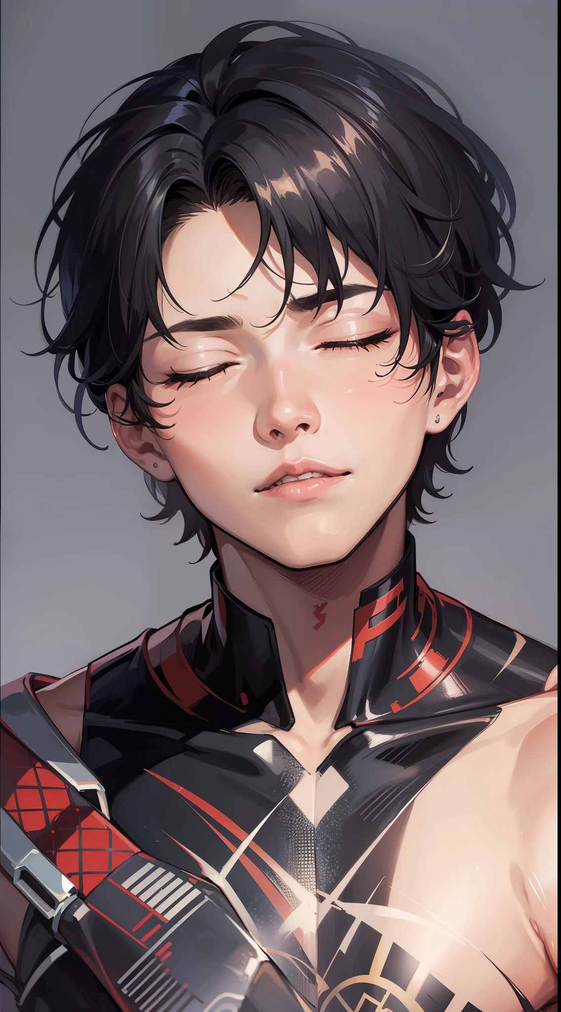 young boy, short black hair, closed eyes, white tattoos on the face, Daredevil, Masterpiece, high qulity