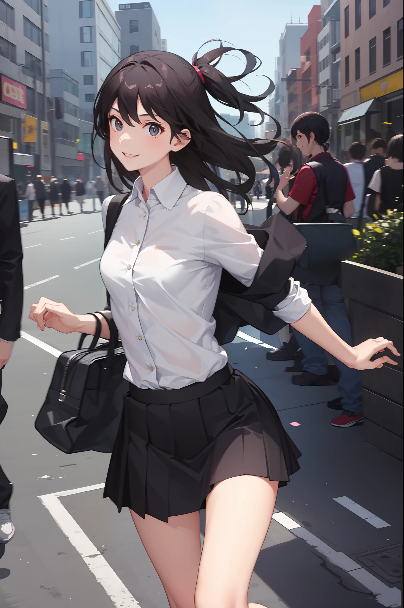 1 girl, smiling, shirt, skirt, (small breasts) flickering, running briskly,