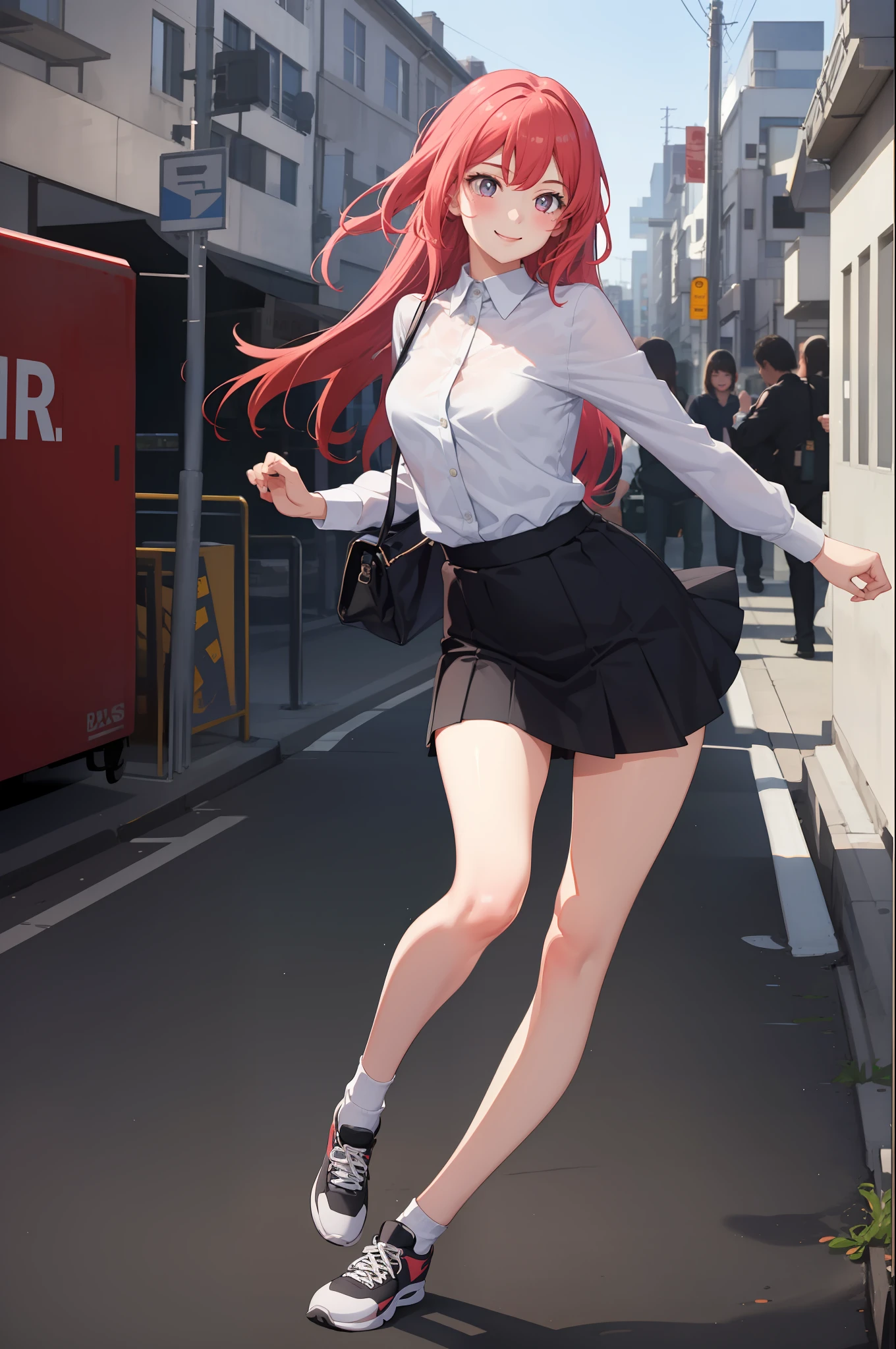 1 girl, smiling, shirt, skirt, (small breasts) flickering, running briskly,