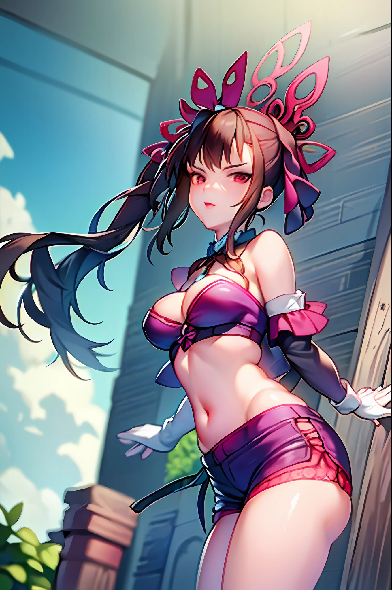 Bright colors,, 1girl, exhibitionism, ((a color, Lace miniature shorts)), Burst breasts,make realistic, ((deco)), ((realistic skin textures) ribbons