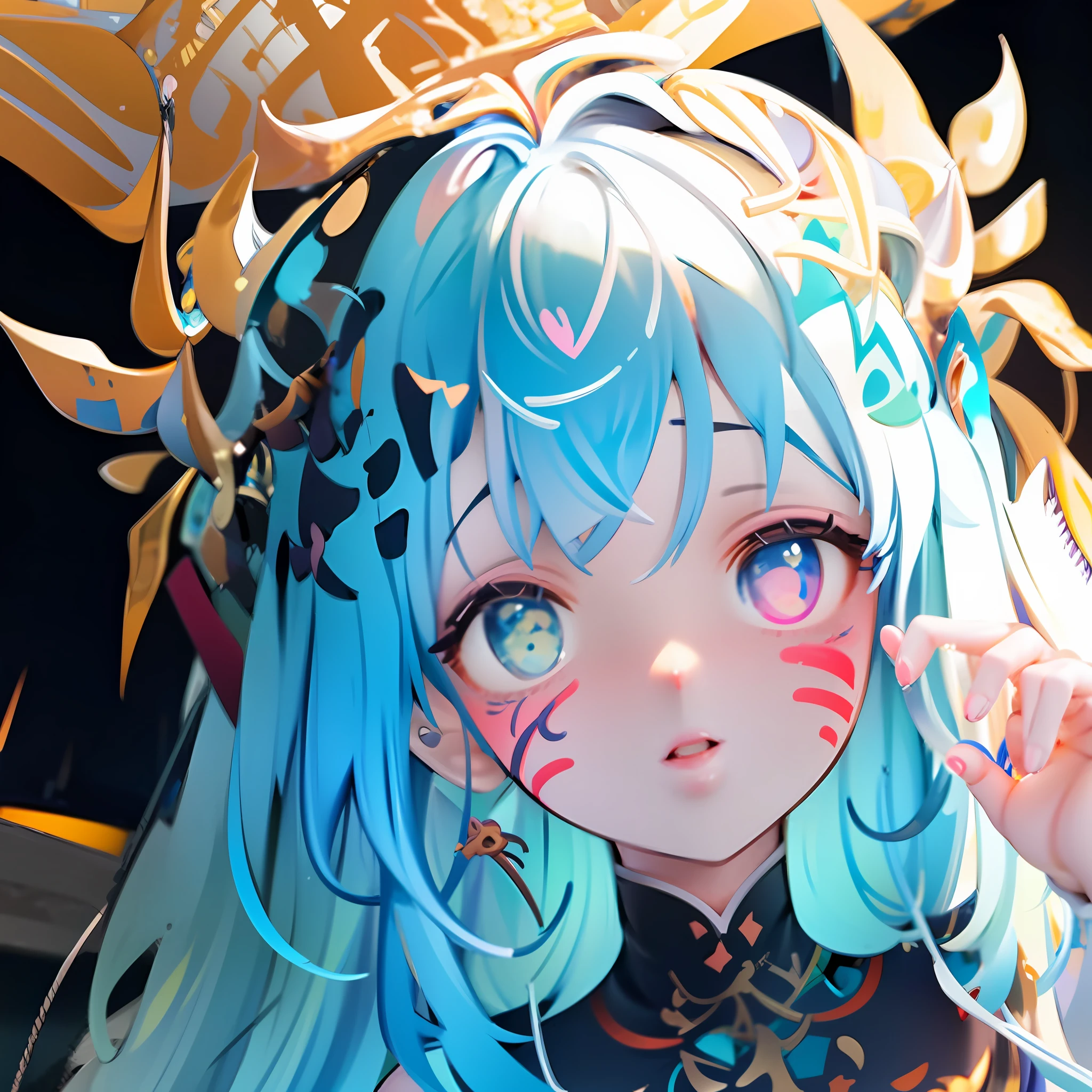 babes、Close-up of the face、Neon Blue Color、gold、odd eye、Neon blue hair、Longhaire、facepaint、Striking golden hair ornament