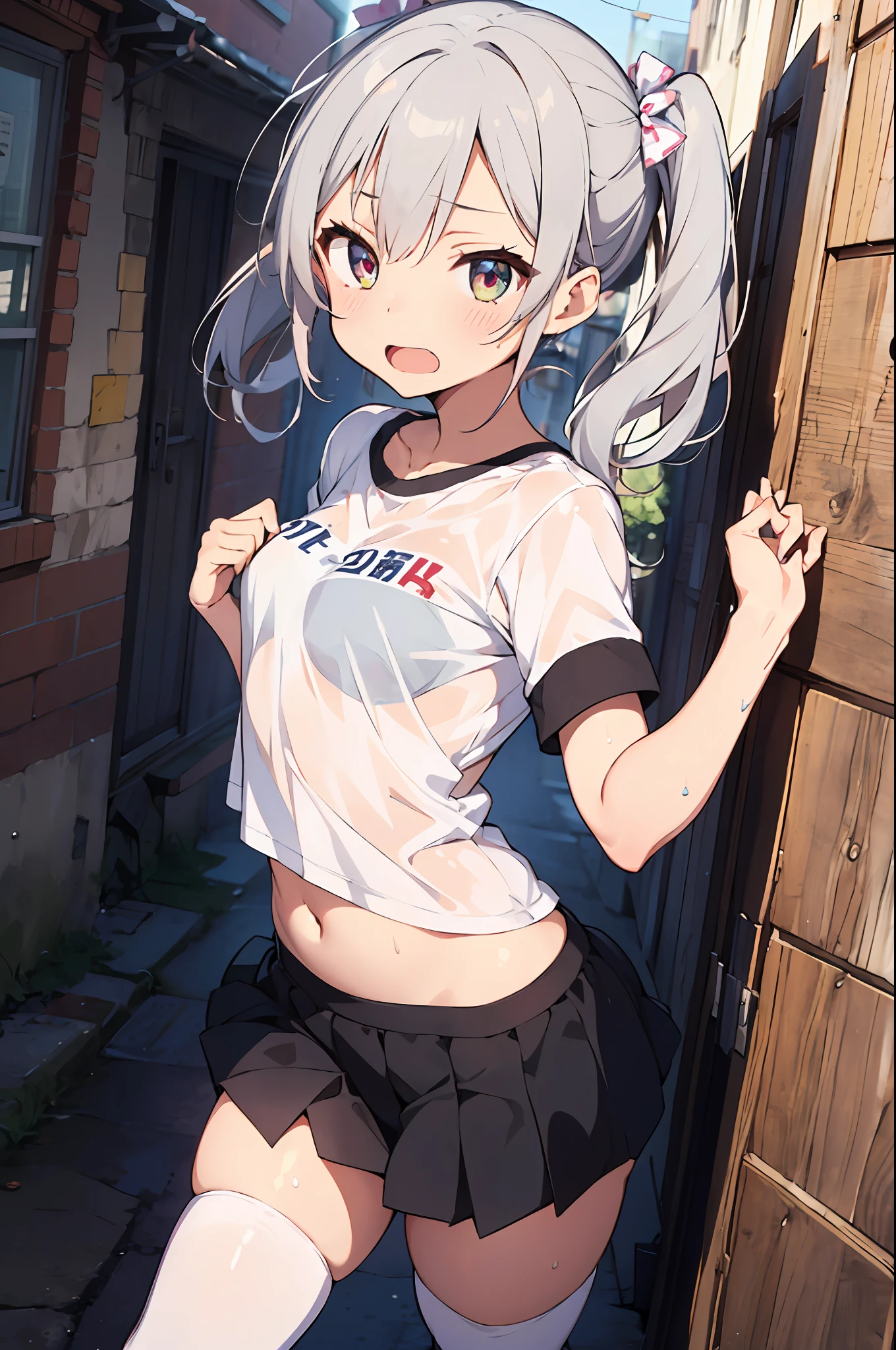 master piace, the best quality,ultra -detailed,8K_wall paper,(beautifuleyes),((a Pretty)),(Wonderful),(erotick),anime moe art style,1girls,Solo,underwear,pantyshot,Mini skirt,1girls,boob,blush,has silver hair,shirts,twintails,trembling,Navel,Dutch Angle,cowgirl position,Small breasts,girl on top,(((zettai ryouiki))),Wet T-Shirt:1.5,Short sleeves,Open mouth,double tooth,See Through wear,White panties,plein air,Back alley,pinch,Pushed down,Men