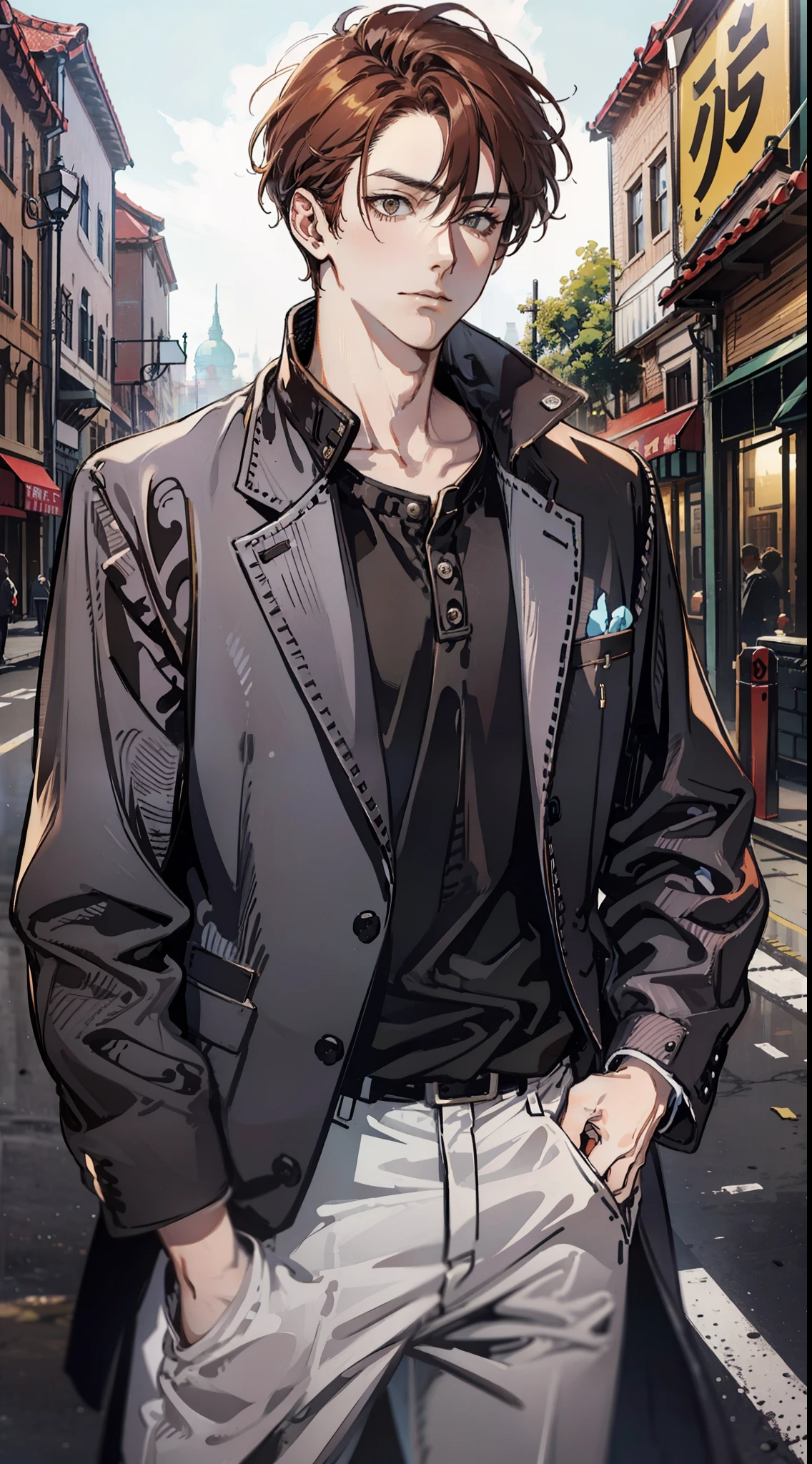 Adult cool guy, fearless face, chestnut hair, good looking, rough but elegant clothes, standing in the street.