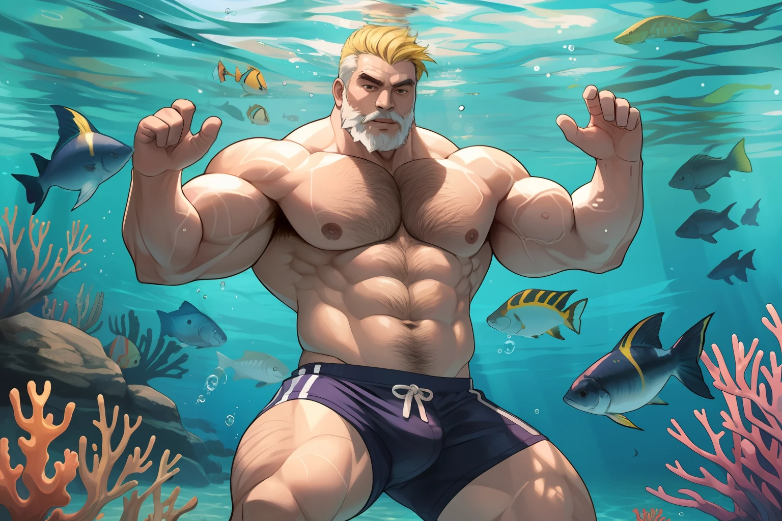 A huge muscular old man swimming in underwear, (old man (huge muscular, giga Chad, bara, big arm, biggest arm, biggest muscular, biggest chest , big chest, big pec, big bicep, extremely detailed muscle, short hair, white bearded, yellow hair, swim pose, breaststroke, dynamic pose)), background (underwater, fish, coral, sea creatures), ((breaststroke pose)) ,foreground (bubble, sea creatures)