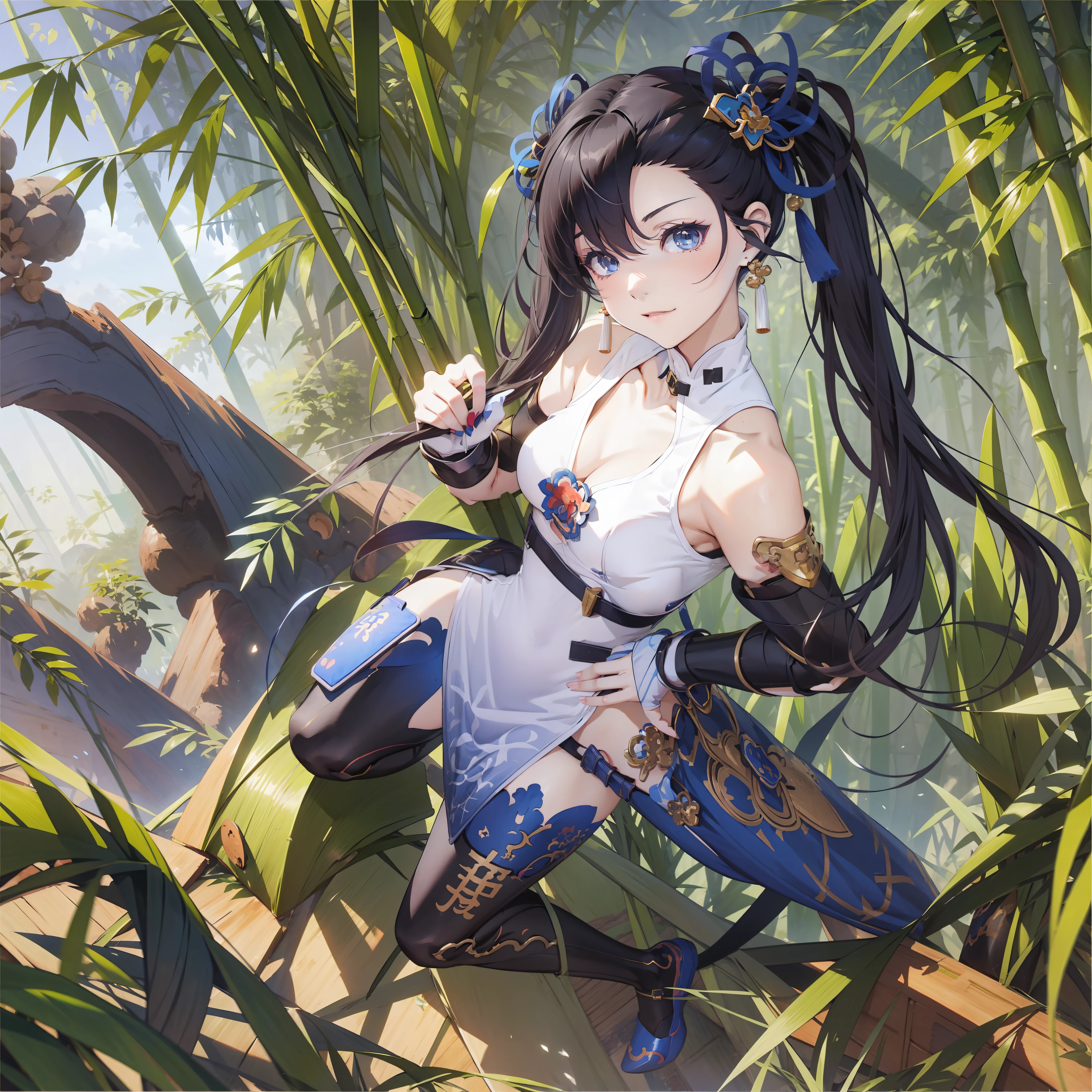 anime girl with long 2 pigtails hair, anime art, anime girl with black hair, shadowverse style, Using a white mixed blue Chinese dress, Kicking style, in the bamboo tree, masterpiece