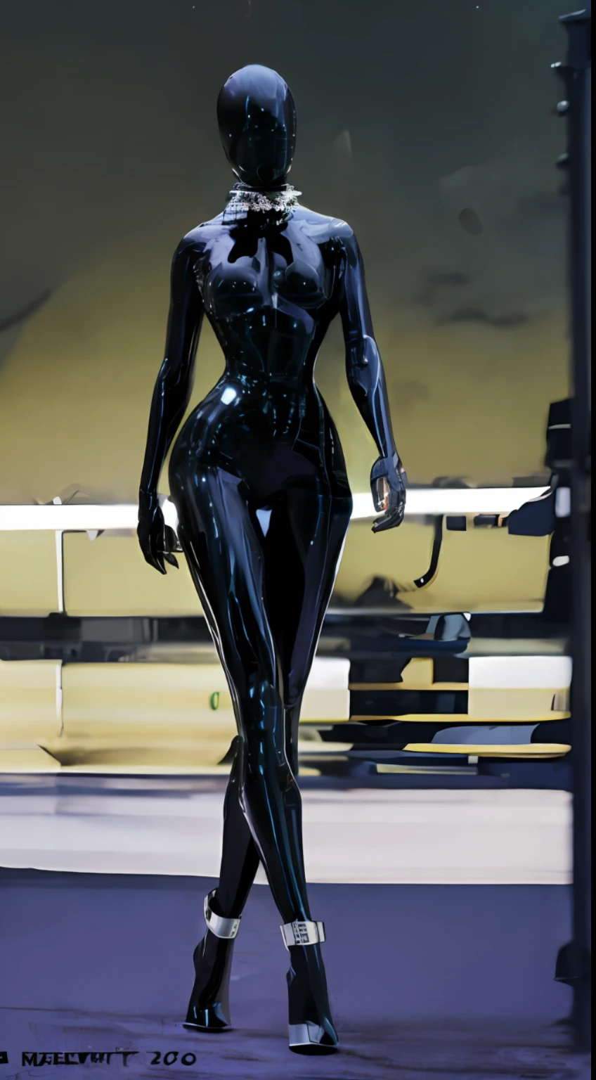 solo, super fine photo, full body picture Unreal Engine 5 8K UHD, black color scheme tight and thick latex catsuit, slim body, rubber suit, shiny latex catsuit, fetish accessories, latex long glove, latex high heels boots, corset, harnesses, arm and leg cuffs, latex collar, beautiful make up, latex model fashion, best quality, masterpiece, official art, unified 8k wallpaper, super detailed, sharp focus, sexy pose, body parts