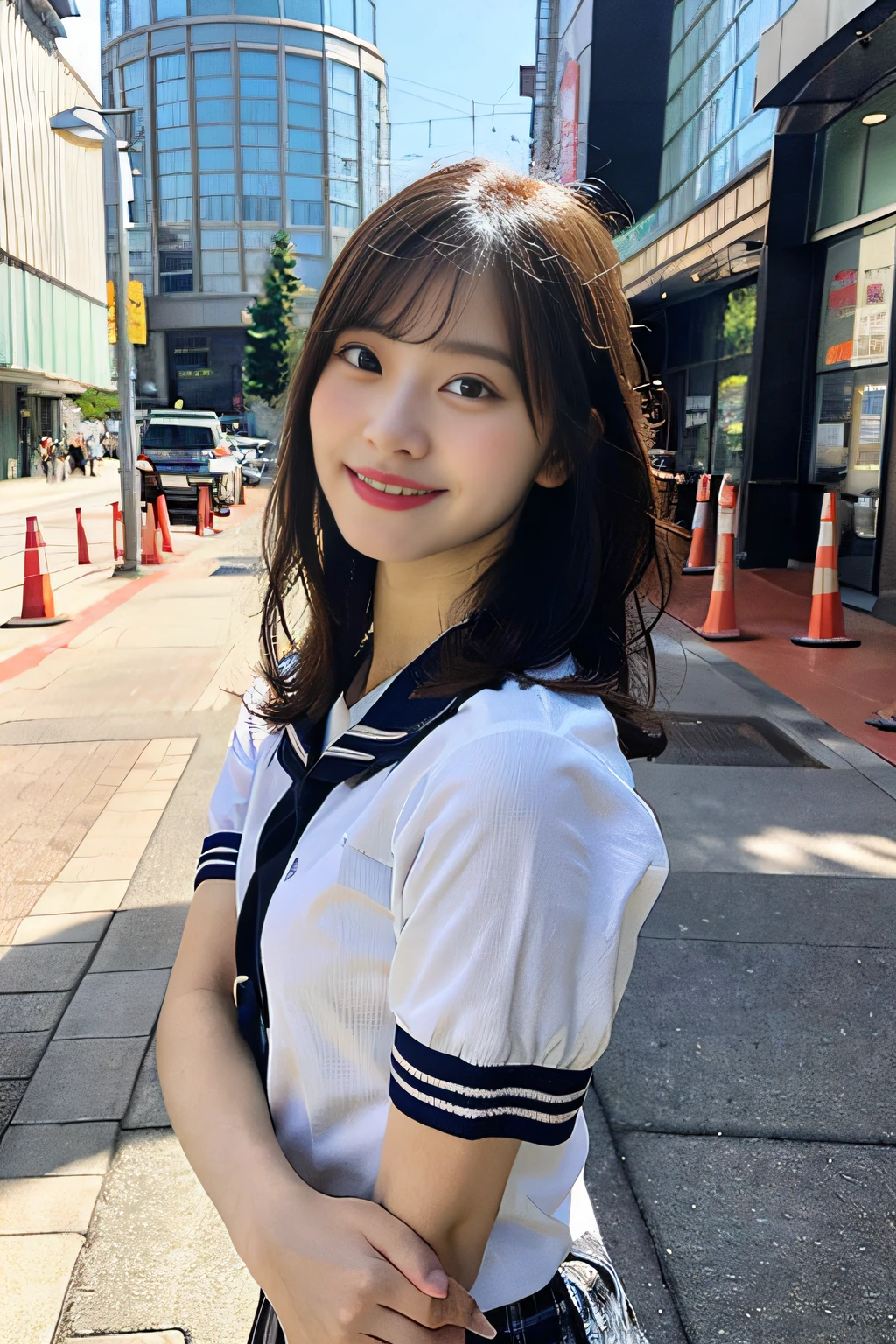 ultra best quality、A masterpice、ultra-high-resolution、(photorealestic:1.4)、extremely detailed CG Unity 8k wallpapers、Detailed and Intricicated、original、high-re、Raw foto、(perfect body type)、Detailed and Intricicated,、DSLR、softlighting、highly quality、film grains、Depth of field、FujifilmXT3、50mm Lens、Back lighting、omg、hyper-real、Color Grade、dinamic pose、portlate、japanes、smile on face、s lips、bangss、(Crowded Akihabara:1.2)、Front view View viewer、natural lights、babes、20 age old、Whole human body、独奏、 pupil、University、seethru school uniform、Sailor collar、Bobby Socks、pleats skirt、daytime、in a street、deep-shadows、a Pretty、Beautie、Unobtrusive、Short-cut hair,Cold Light 12000K \\ a street、The state of the store、akihabara、Shinjuku、Shibuya、Ikebukuro、Detailed Realistic、specifics、Skin texture、ultra -detailed、realistic skin textures、(Dramatic、awardwinning photo、Incredible masterpiece:1.3),Bust 190cm or more,Shortcut Hair