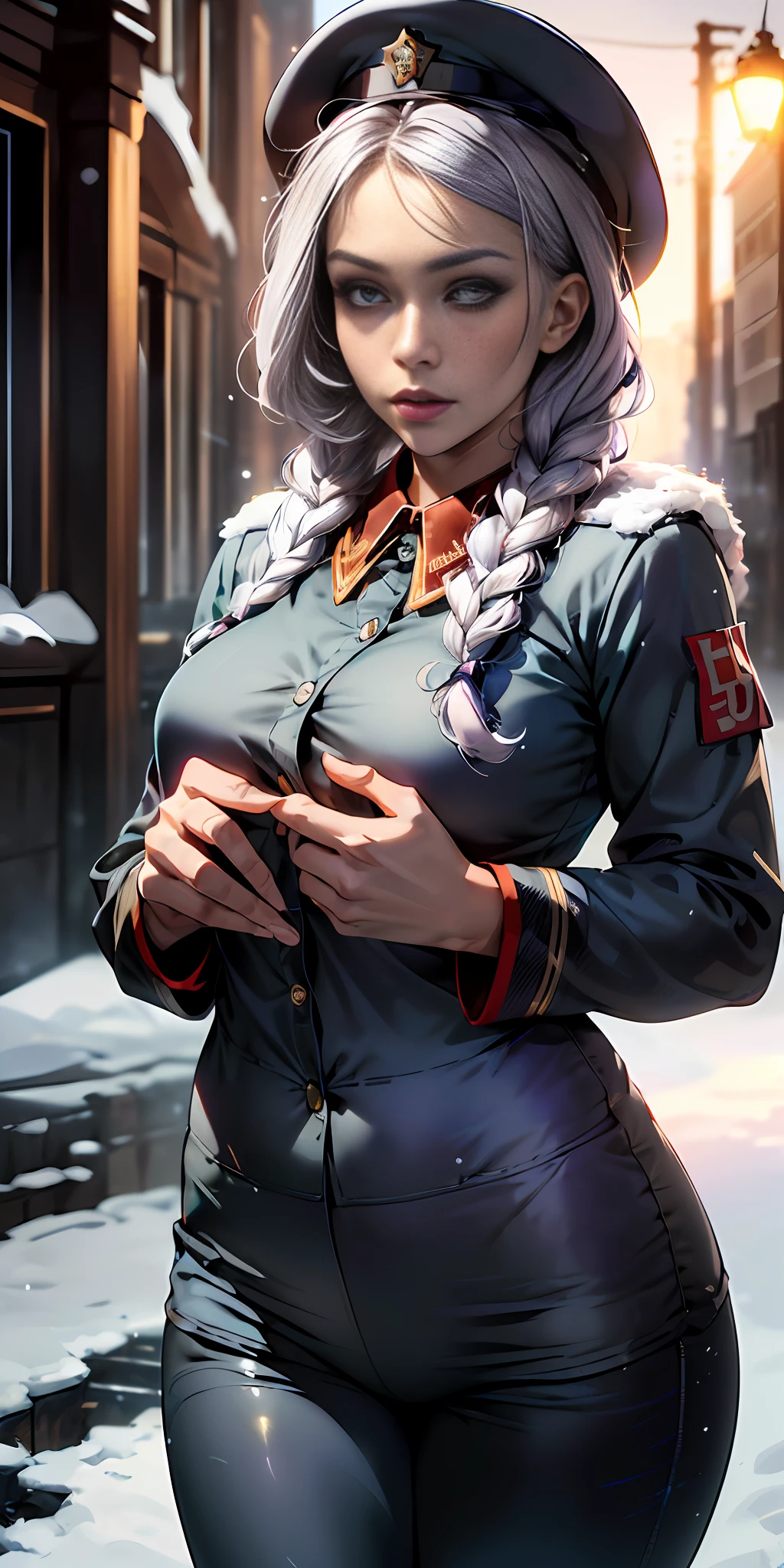 ((Masterpiece best quality high-res cinematic lighting, extremely detailed quality high resolution nonsense, brilho contrapposto brilho como opala animado, Faint lips, UC: realistic cute anime face cinematic angle Girl in front single focus dynamic pose, PS5 cinematic screenshot, Highly detailed cinematic rendering, with cinematic lighting, beams of snow particles, well-lit reflections, Pov, Tiroteio em Cobway:1.55)), 1Menina, 1Apenas, 1foco, (cabelo curto, the Hair color is ultraviolet purple well detailed disproportionate to the size:1.55), (Perfect beautiful face with the well-detailed braids of her expressions, ultra-detalhado), with glasses, olhando bem fundo para o espectador, de corpo inteiro, standing in, (++Uniforme da URSS e da KGB:1.35), +roupa da URSS_KGB!;, (roupa fechada:1.45), perfect anatomical body, (gordura no corpo:1.35), (seios pequenos:0.1), quadris grandes, (USSR uniform long pants/KGB:1.55), (+Uniforme bem detalhado com sombreamento:1.25), (City of Russia), vazia, neve caindo, (falling snow particles:1.25), bem iluminado, Snow on the ground, (Hora DIA), in the morning.