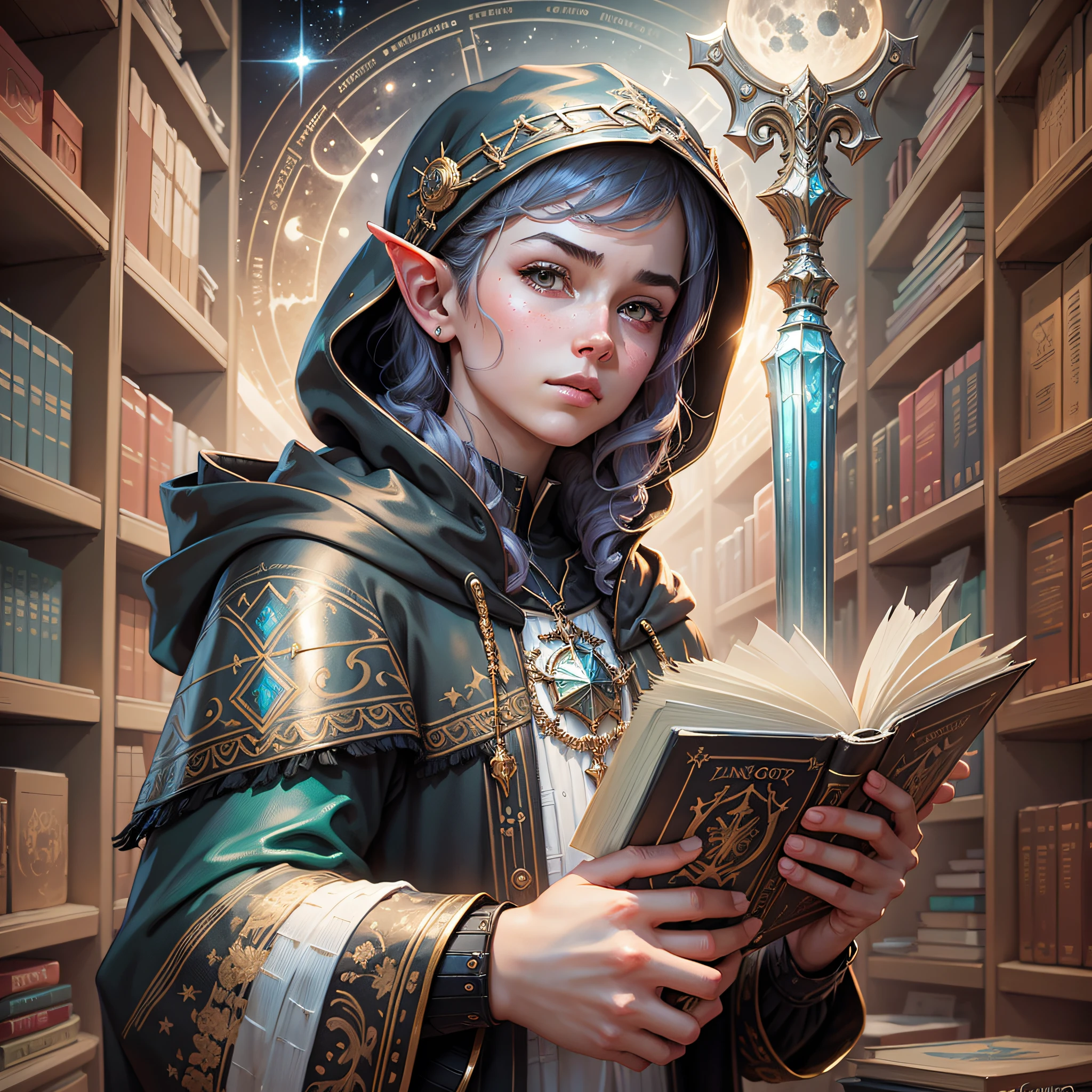 Watercolor painting, (Moonlit), 1 young boy, full-length portrait of an incredibly beautiful (young teenage angel: 1.5), wearing ((an intricate wizard's armor)), hooded and caped black, stern look, holding a staff, (detailed face), (see from_sides), wavy, ornate hair, reading a book in an elven library, by artist Christophe Young and artist Ilya Kuvshinov --auto --s2