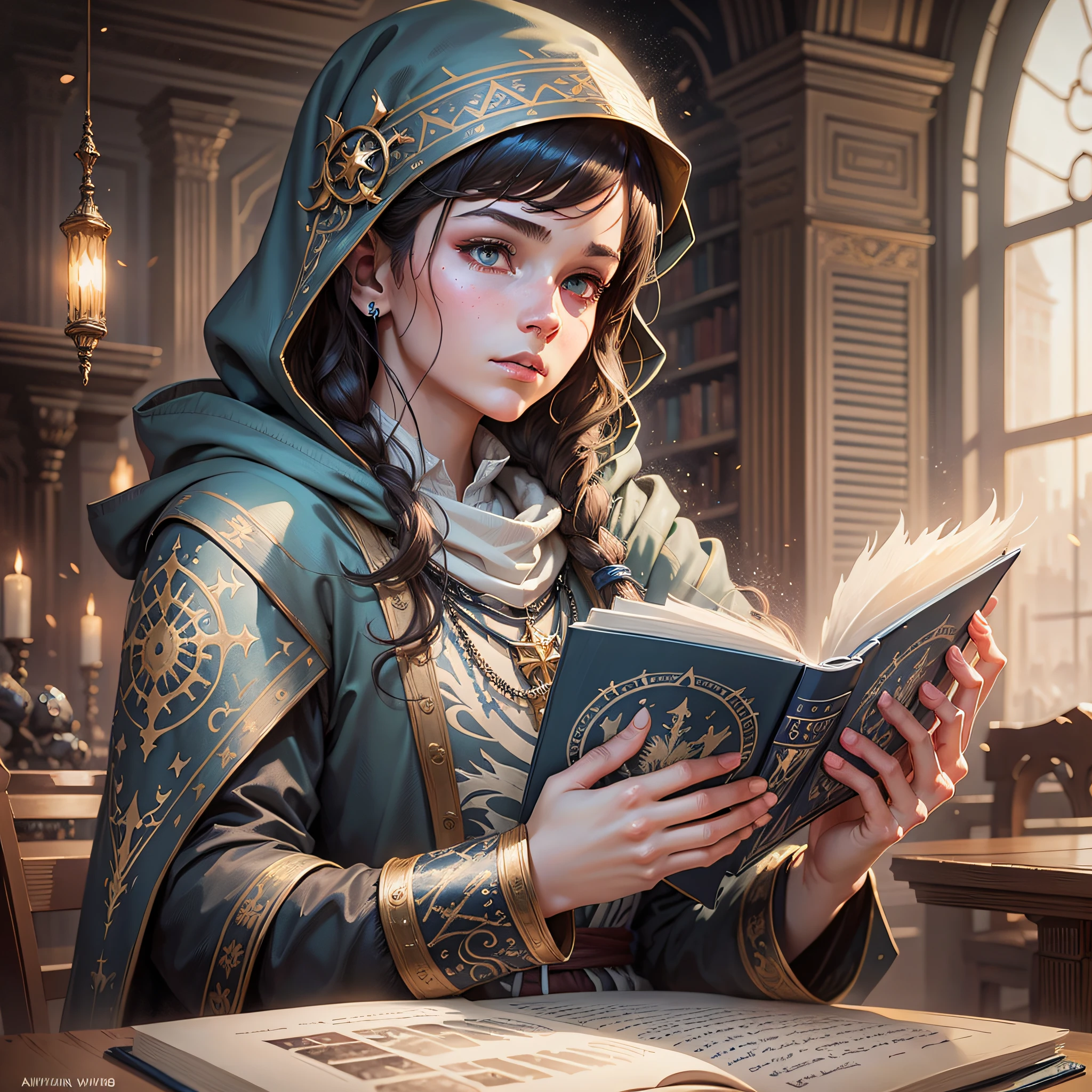 Watercolor painting, (Moonlit), 1 young boy, full-length portrait of an incredibly beautiful (young teenage angel: 1.5), wearing ((an intricate wizard's armor)), hooded and caped black, stern look, holding a staff, (detailed face), (see from_sides), wavy, ornate hair, reading a book in an elven library, by artist Christophe Young and artist Ilya Kuvshinov --auto --s2