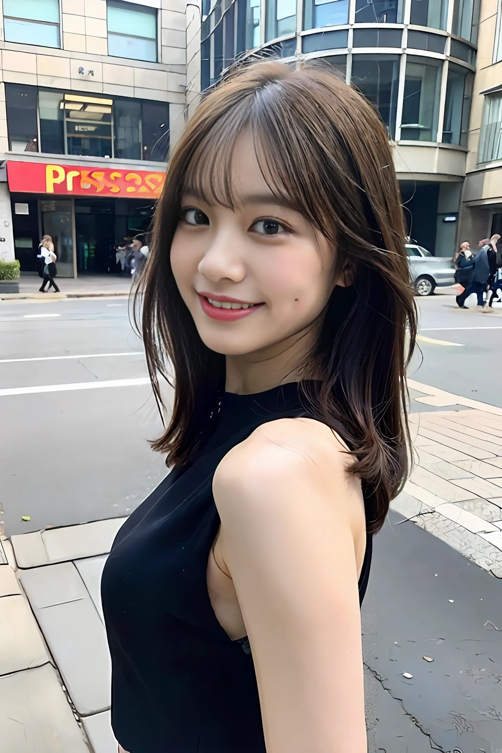 女の子1人、Happiness、smile on face、(In the street:1.2)、((Transaction service:1.2))、Night、Raw photography、(photorealestic:1.37、Realstic)、High Definition CG Integrated 8K Wallpapers、Viewer's Perspective、(((Straight)from front view)))、(HQ Skin:1.8、shiny skins)、8K UHD、DSLR、Soft lighting、highly quality、Film grain、FUJI XT3、((Haut du corps:1.6))、(Professional Writing:1.6),Large bust of 180 cm or more