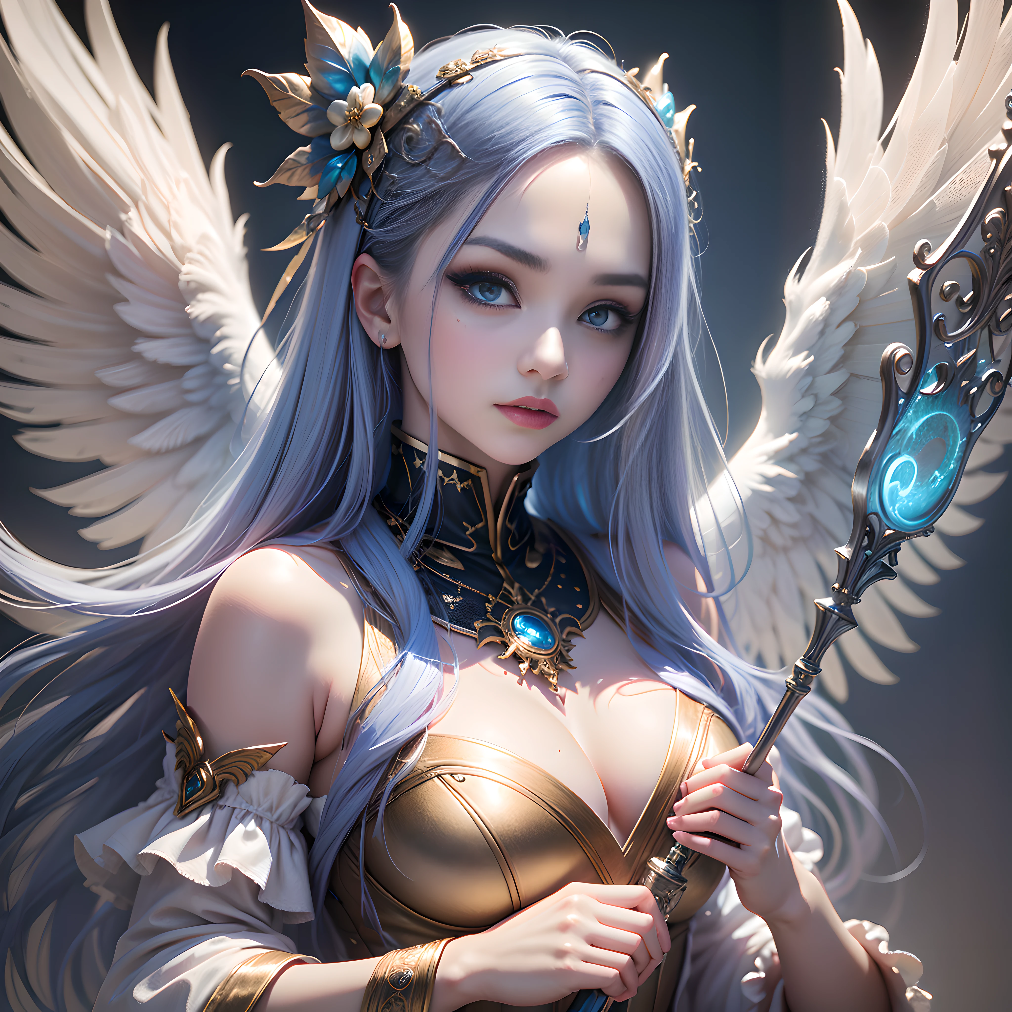 Shunguang Magic Angel Maiden, Long flowing hair in powder and blue, Royal sister, Pure white clothes, Heterochromic eyes, Sexy clothes, Gold or silver decorative faith objects, torogao, Moles under eyes, cyberpunkbackground, torogao, Moles under eyes, Close-up, Chiaroscuro, Depth of field, Cinematic lighting, Fujicolor, Gothic art, Close-up, Chiaroscuro, Depth of field, Cinematic lighting, Fujicolor, Gothic art, Best quality, Best quality
