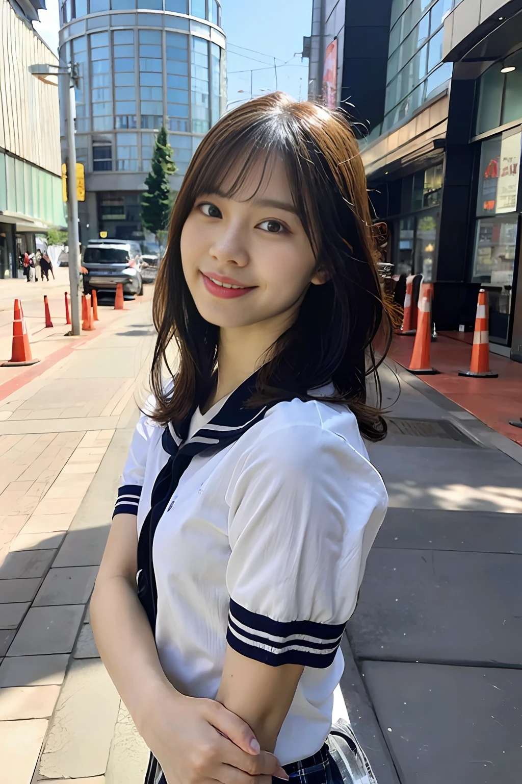 ultra best quality、A masterpice、ultra-high-resolution、(photorealestic:1.4)、extremely detailed CG Unity 8k wallpapers、Detailed and Intricicated、original、high-re、Raw foto、(perfect body type)、Detailed and Intricicated,、DSLR、softlighting、highly quality、film grains、Depth of field、FujifilmXT3、50mm Lens、Back lighting、omg、hyper-real、Color Grade、dinamic pose、portlate、japanes、smile on face、s lips、bangss、(Crowded Akihabara:1.2)、Front view View viewer、natural lights、babes、20 age old、Whole human body、独奏、 pupil、University、seethru school uniform、Sailor collar、Bobby Socks、pleats skirt、daytime、in a street、deep-shadows、a Pretty、Beautie、Unobtrusive、Short-cut hair,Cold Light 12000K \\ a street、The state of the store、akihabara、Shinjuku、Shibuya、Ikebukuro、Detailed Realistic、specifics、Skin texture、ultra -detailed、realistic skin textures、(Dramatic、awardwinning photo、Incredible masterpiece:1.3),Bust 190cm or more,Shortcut Hair