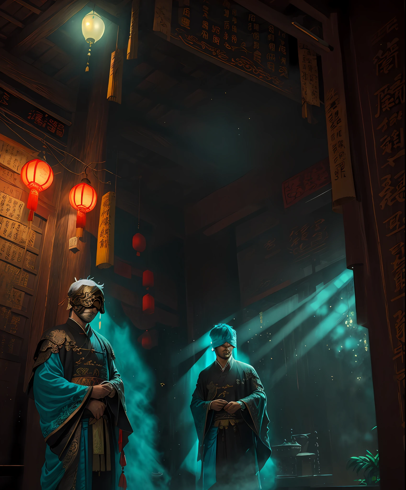 middle shot。Oil painting of a handsome man blindfolded wearing a bronze mask,cabelos preto e longos,White sideburns hair,Cyan linen silk clothes,Detailed skins,Detailed face,Clear focus,high qulity,Bright lights,dynamic lighting,(mist:.4),Particle,God Ray,moon light,moodiness,Emotion,photon maping,realistic shaded,Background inside an ancient Chinese architectural inn