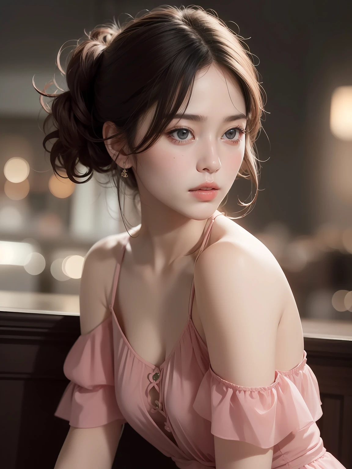 beste Quality, masterpieces, Super High Resolution, (photo realistic:1.5), Raw Image,pink dress ,Korean 1girl, offshoulder, In the dark, deep shadow, Low key, cold light, sexy look, hair long,Cafe,pretty,lim light