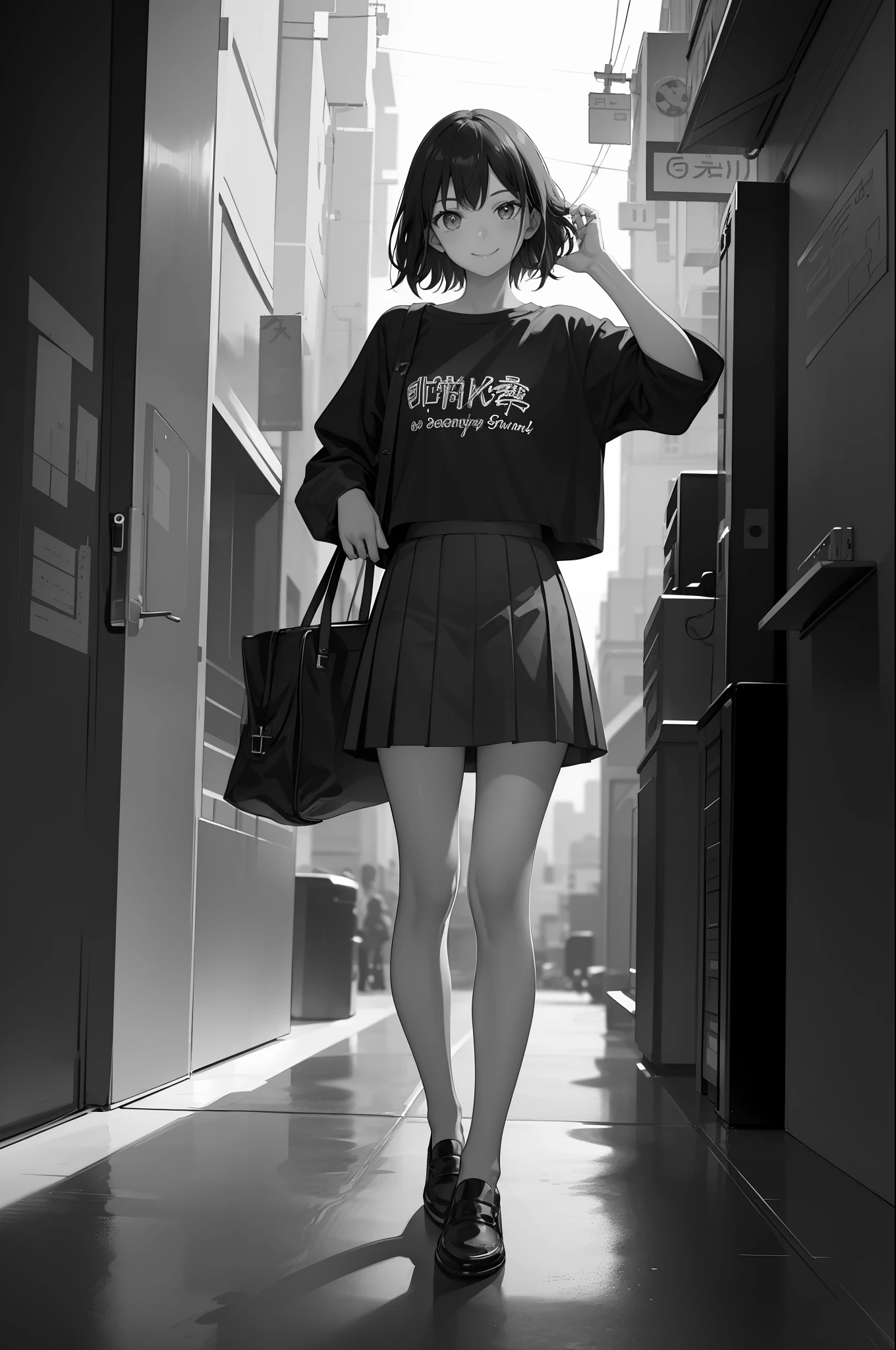 1 girl, smile, shirt, skirt, (small) chiralism,