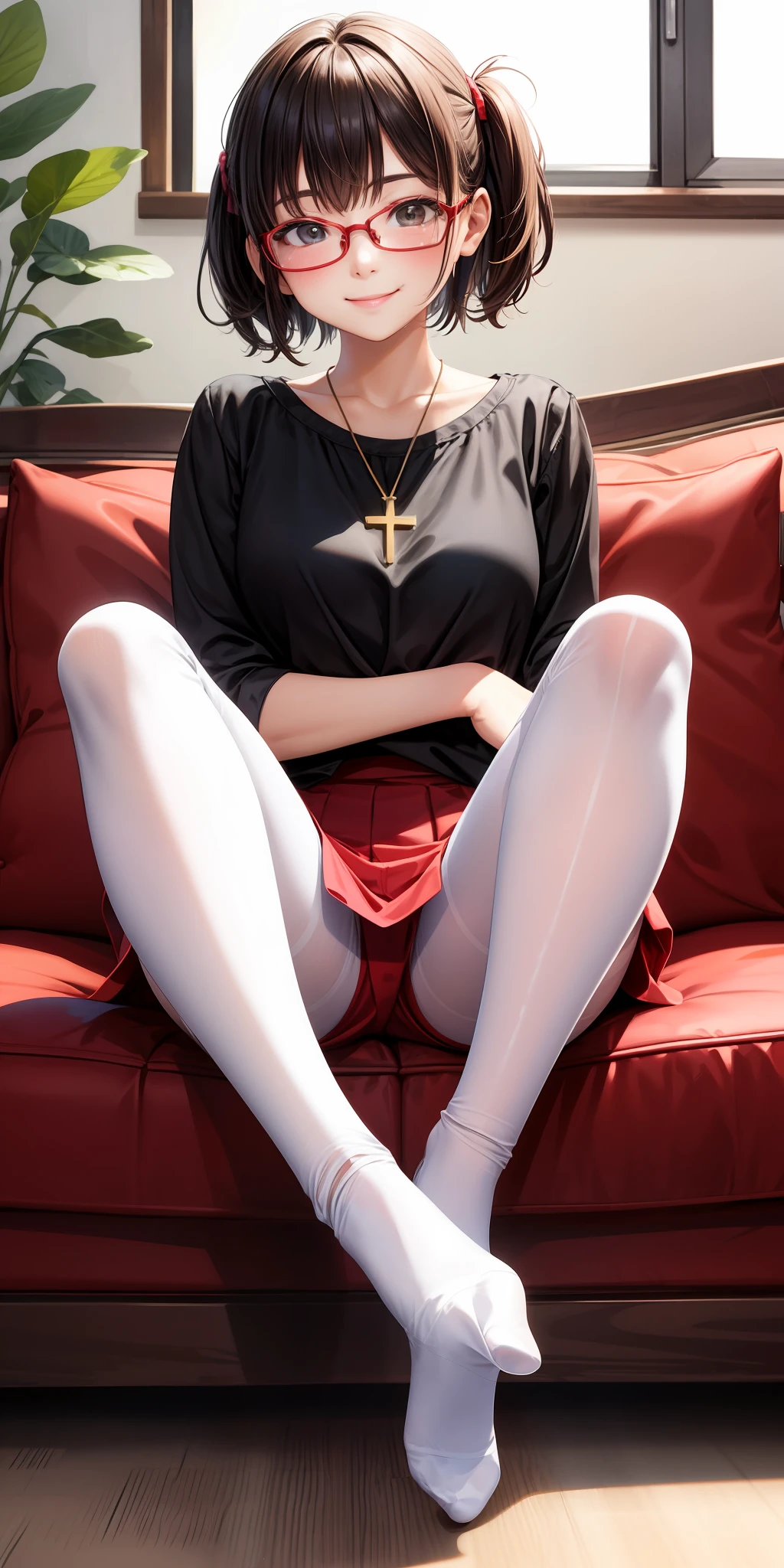 make realistic、Girl 1 person、Foot emphasis、Red pantyhose,Sit on the couch,Cross your legs、Smile,A sexy,Wearing glasses