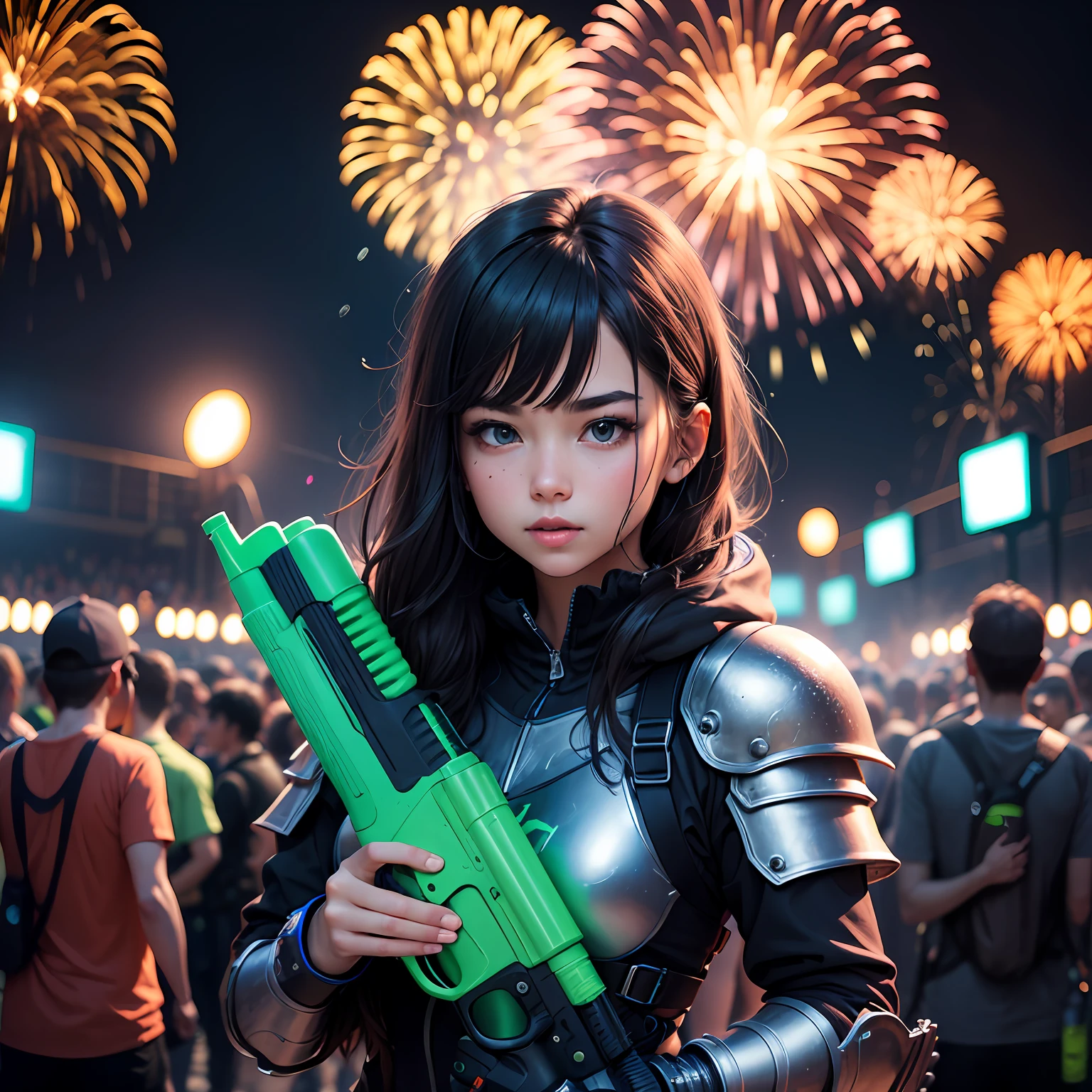 1 girl poses holding a large water gun, He wore a blue water warrior armor, Surrounded by others holding water guns in their hands , The background is an electronic music festival that is displaying fireworks. --auto