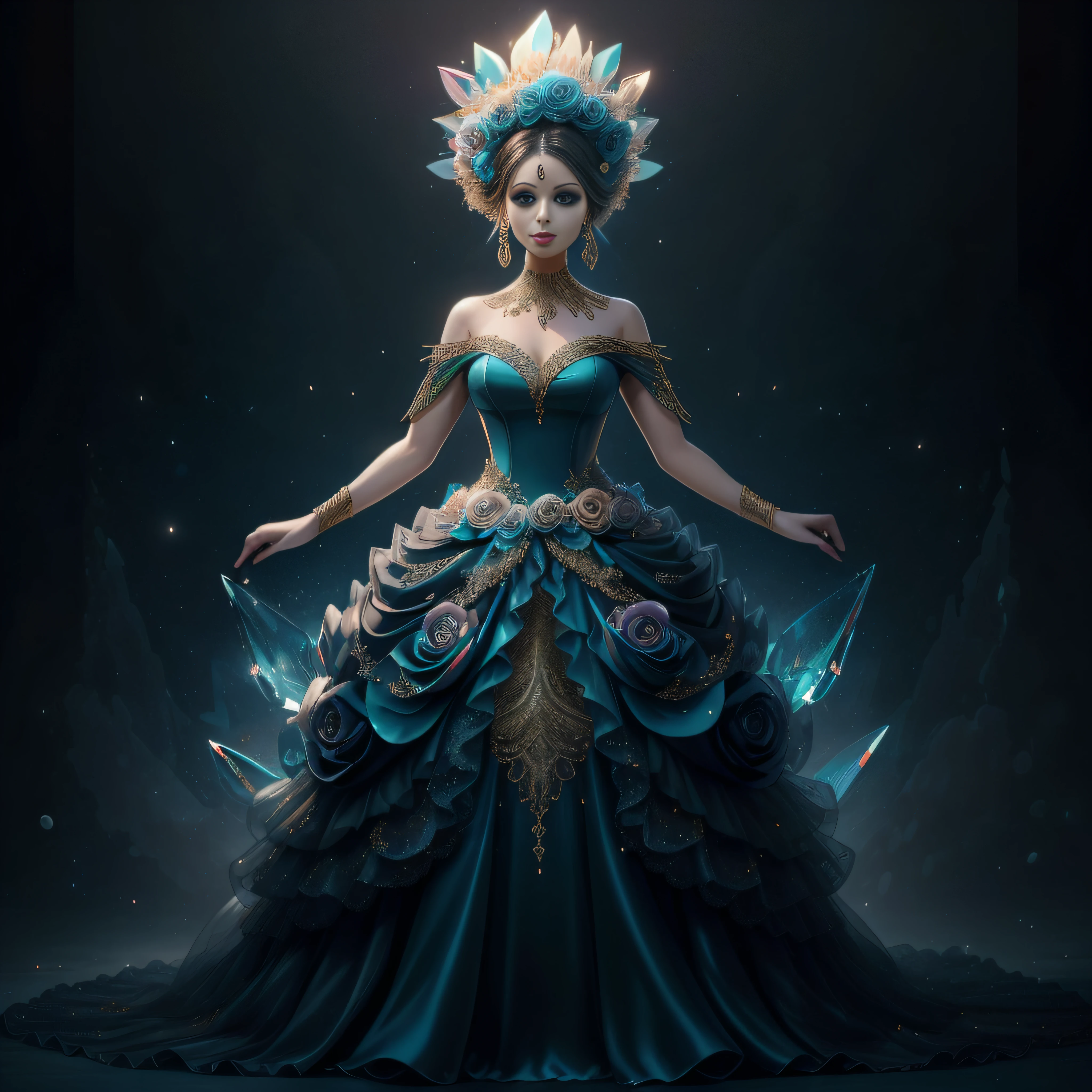 a day of the dead goddess wearing a majestic crystal teal and gold ball gown dress, big beautiful dress, intricate puffy ball gown with lots of ruffles and rhinestones (Masterpiece, Top Quality, Best Quality, Official Art, Beautiful and Aesthetic: 1.2), (1 Flower), Full Body, Extremely Detailed, (Fractal Art: 1.3), Colorful, Most Detailed