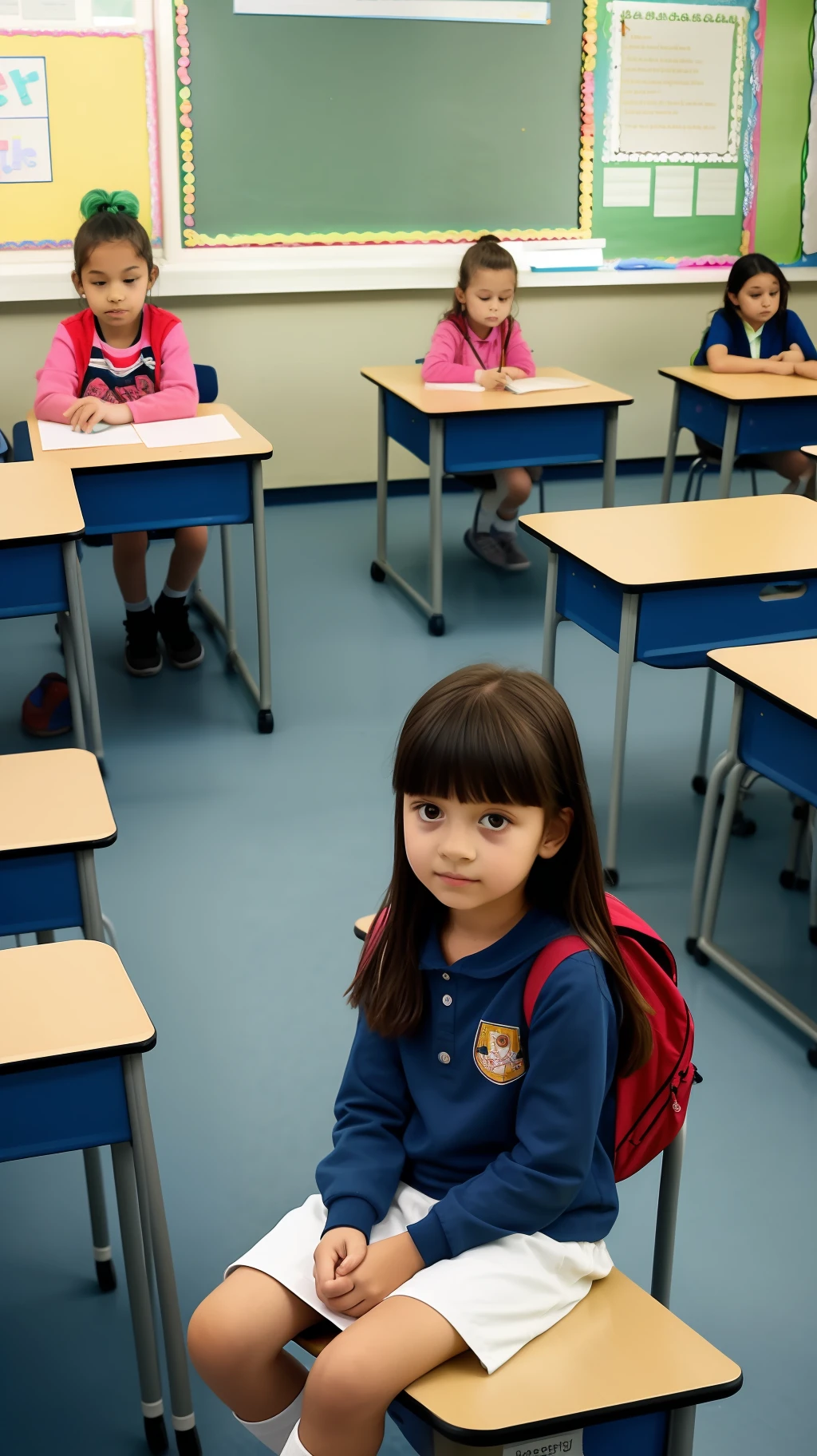 Child girl wearing outing clothes inside the classroom sitting in the chair sleeping and while the other children are studying