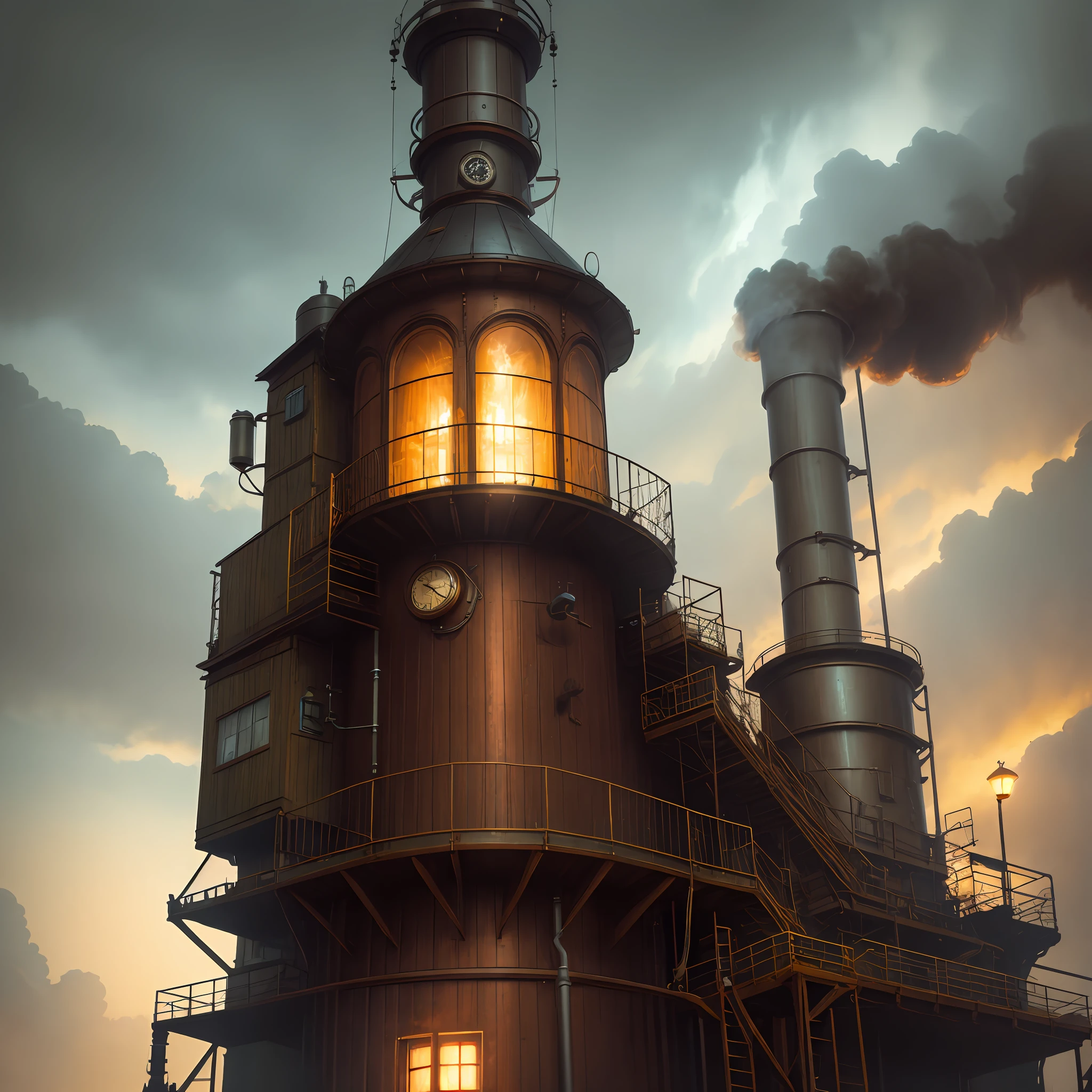 Tonalism, wideshot, Atmospheric perspective, god light, Super detail, High details, High quality ,steam-punk,mechanical structure,Big chimney,neon lit