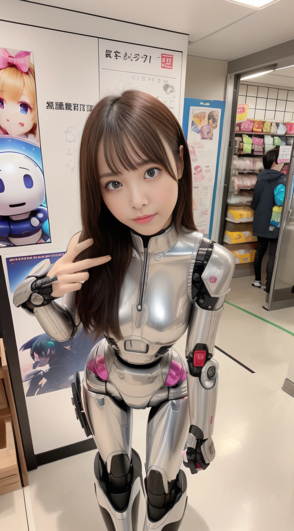 (photorealestic:1.4)、Onegirl、(the best quality),(hyperdetailed face)、(Super well-formed face)、((Robot Parts))、(Cyborg girl)、(pinks)、(Silver)、(metalic)、(Whole human body)、(Moe Pose)、(slender body)、(titty)、(Model body type)、(mecha exposure)、(akihabara)、(is looking at the camera)、(black  hair)、(９Head and body)、(a small face)、(Well-formed fingers)、(god statue)、(front facing)、(are standing)、(Photo session)、(Looks sad)