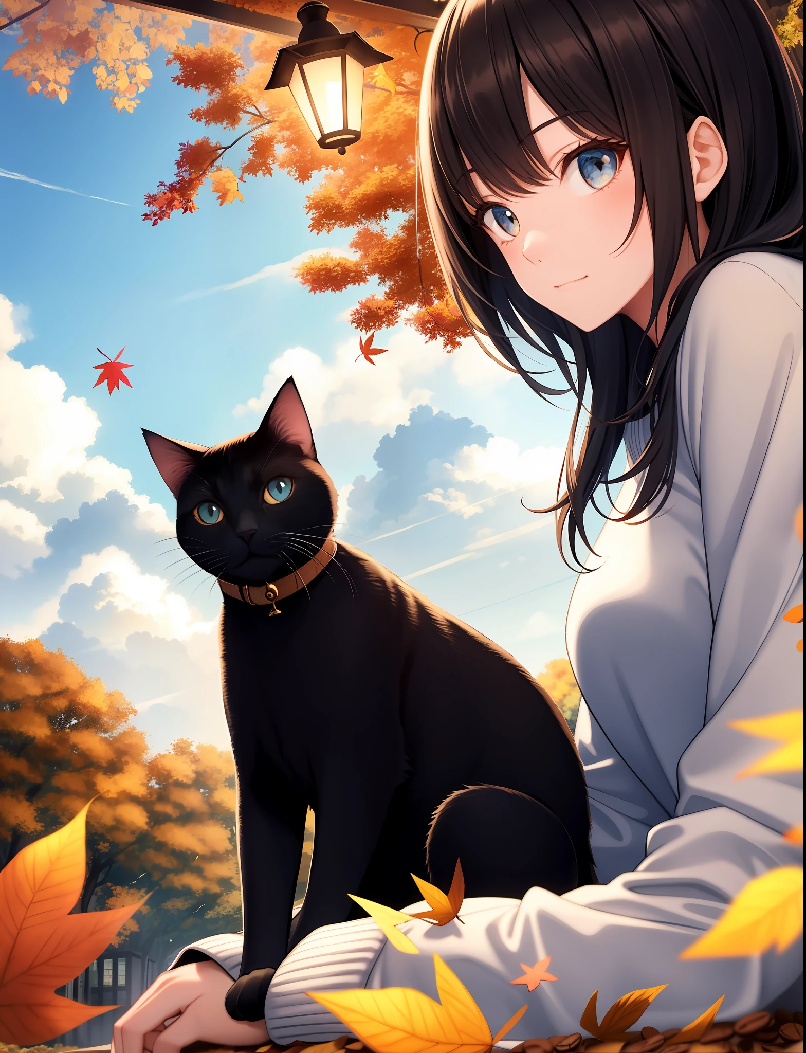 1girls,1cat,middle length hair,Coffee-colored eyes,Colorful,autumnal,cumulonimbus cloud,lamplight,blue-sky,the falling leaves,Flower Garden,Girl holding an English shorthair