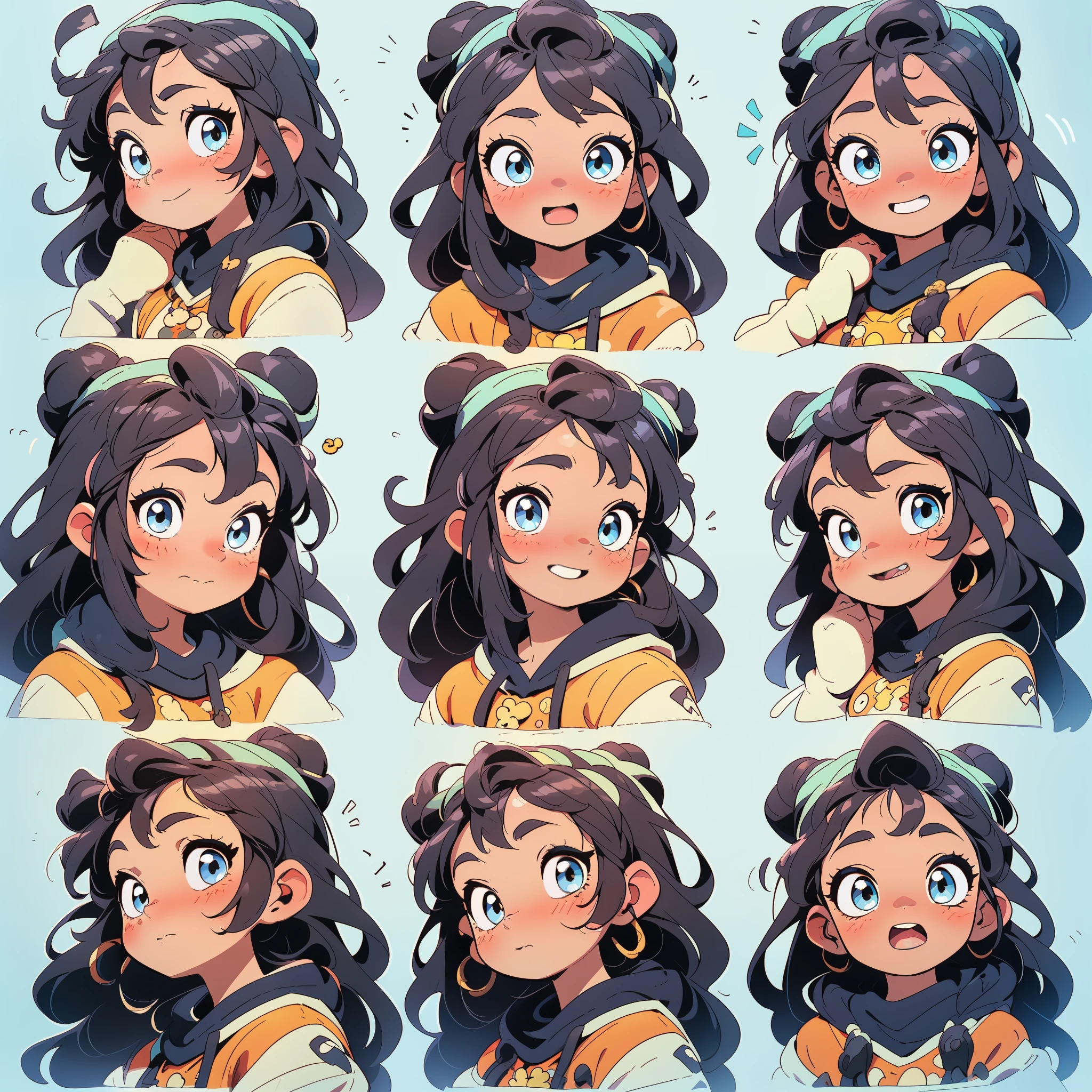 1 cute girl，9，9 emoji packs，9 poses and expressions，Disney  style，Black strokes，Different emotions，8K