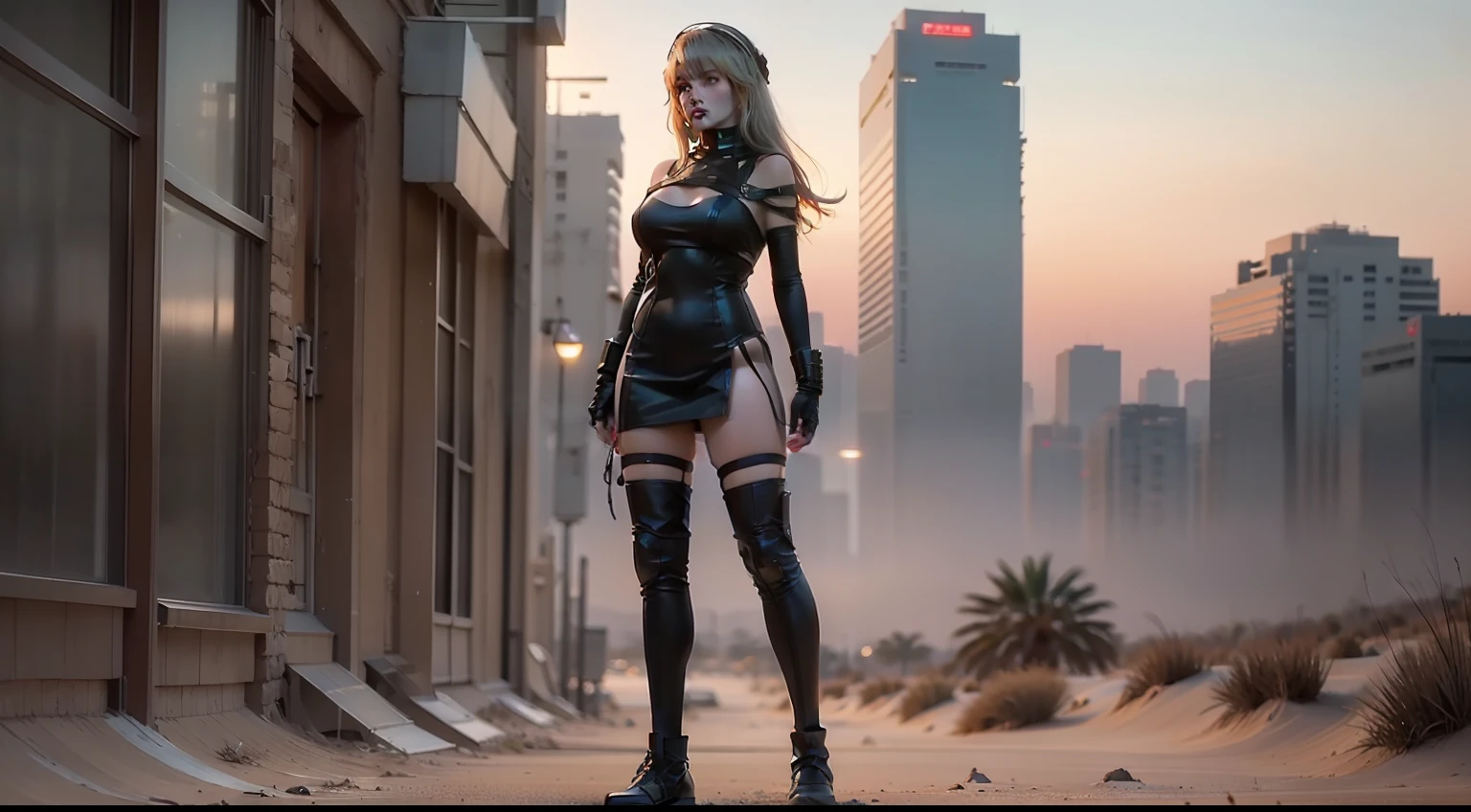 Kaine de Nier Replicant con falda muy corta, sin sujetador, Vestido minimalista, realistic style in a desert post apocalyptic city, NSFW ((obra maestra:1.2, La mejor calidad)), cyberpunk, Symmetrical Side View Symmetry Full Body Focus Very Sharp Realistic Award-Winning Hyper Realistic Cinematic Lighting Girl, ciborg, robot, (25yrs)