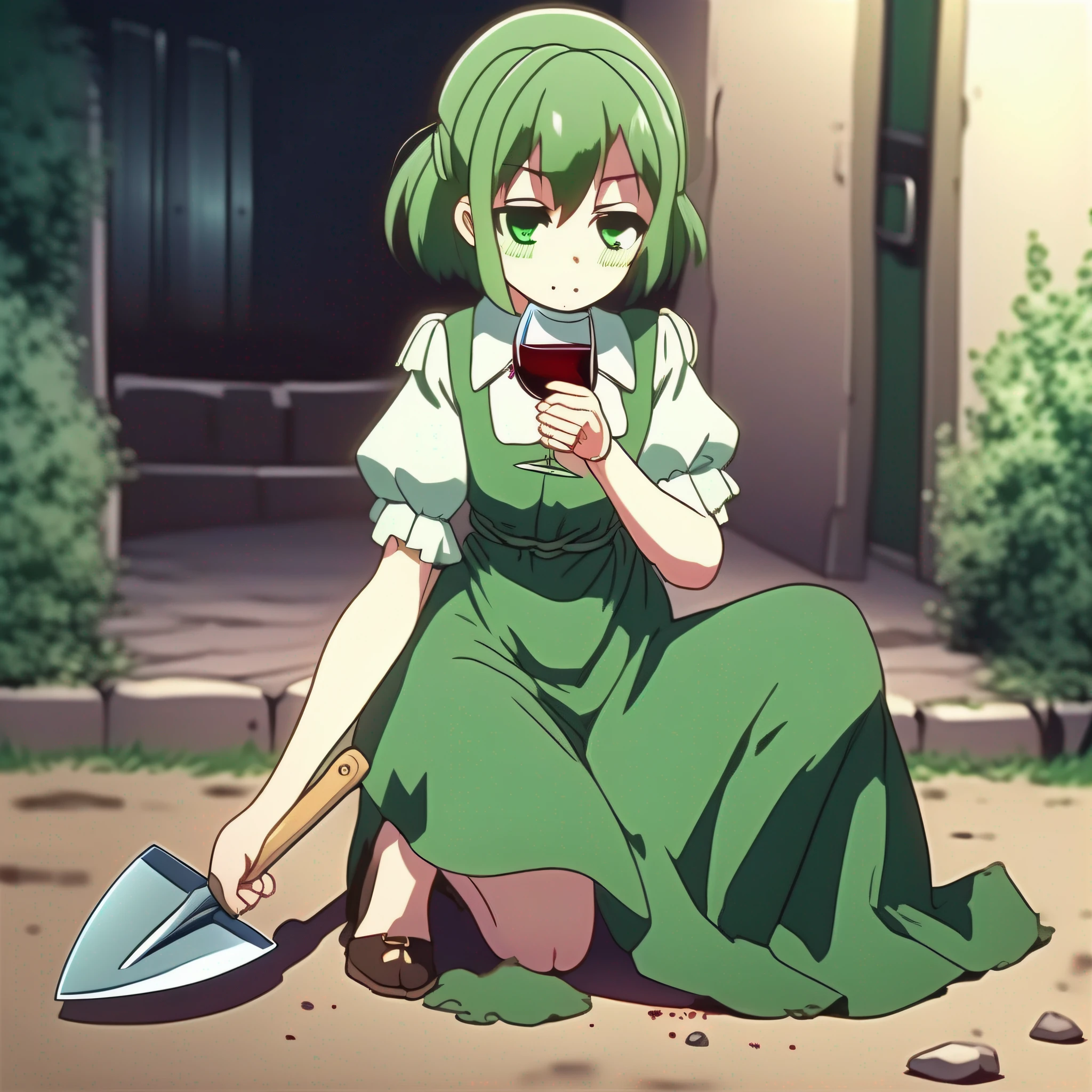 A girl in a green dress kneels on the ground, A wine glass in one hand, The other hand holds a shovel, Anime style