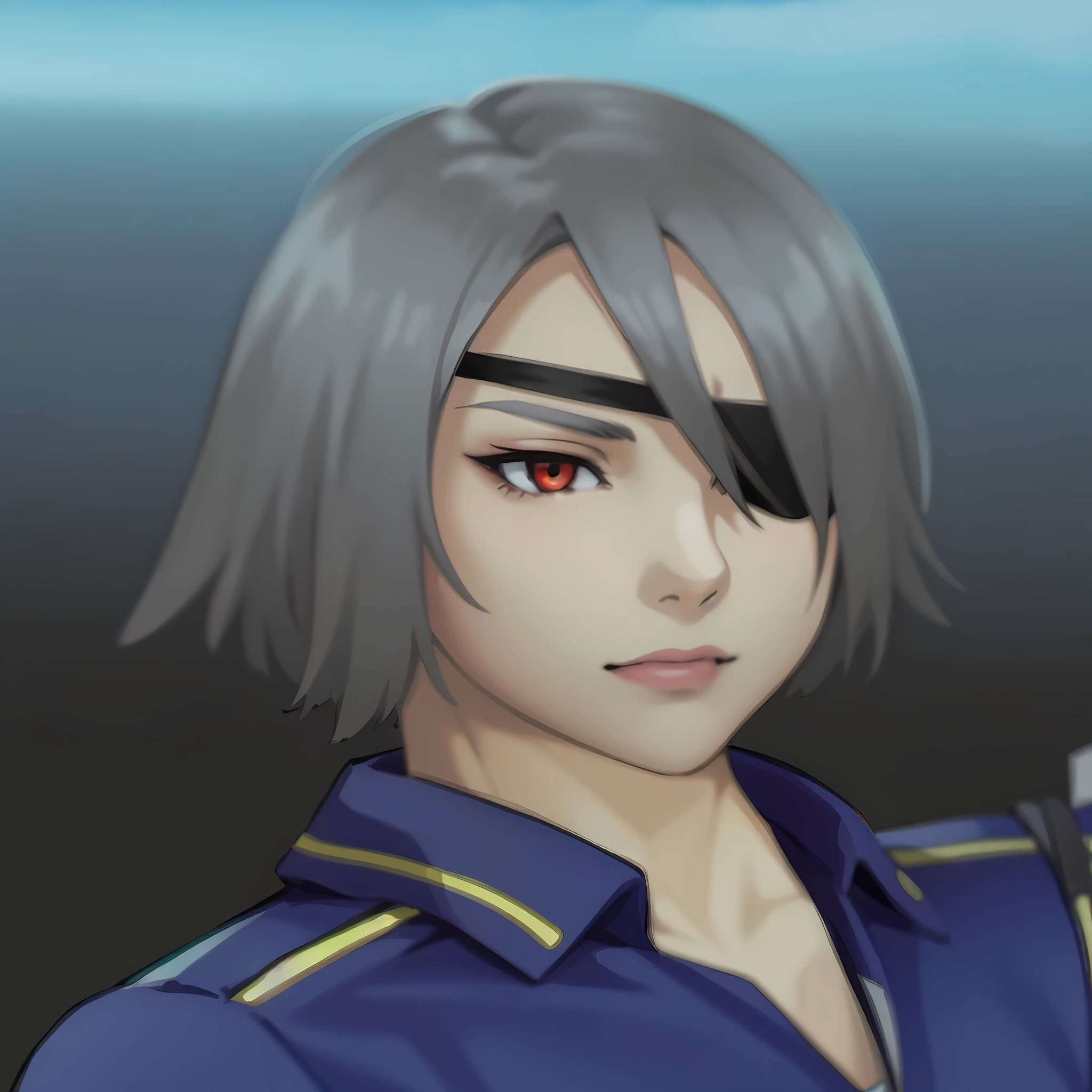 Female (Fujin), silver hair, red eyes, A close-up of a person in a game, Fubuki, Ando Tadao, he has dark grey hairs, Masamune Shiro, En tant que personnage dans Tekken, eyepatch, thancred waters, de virtua figther, Jin Kagetsu, Yuuki Hagure, Tetsuya Nomura, Taumi Fujiwara, inspired by Leng Mei, inspired by Yamagata Hiro, semi realistic anime, Masamune Shiro, inspired by Hisui Sugiura, Personnage de King of Fighters, Tsukasa Hojo, Yuuki Hagure, Shiro Takatani, Taumi Fujiwara . (Masterpiece : 1,8), 64k quality, final fantasy artwork concept, detailed manga eyes, detailed hair, detailed clothes, detailed body, cleaner designs, detailed face pronounced, shiny objects like jewels, see creases on clothes, more coherent clothing, more rounded eyes transparent liquid globular, more colors, more coherent clothing , correct the features of the clothes, better eyes contour, better shoulders, really colorful, coarser line, black line, finishing . (coarser line) (black line) (homogeneous rendering: 1.3)