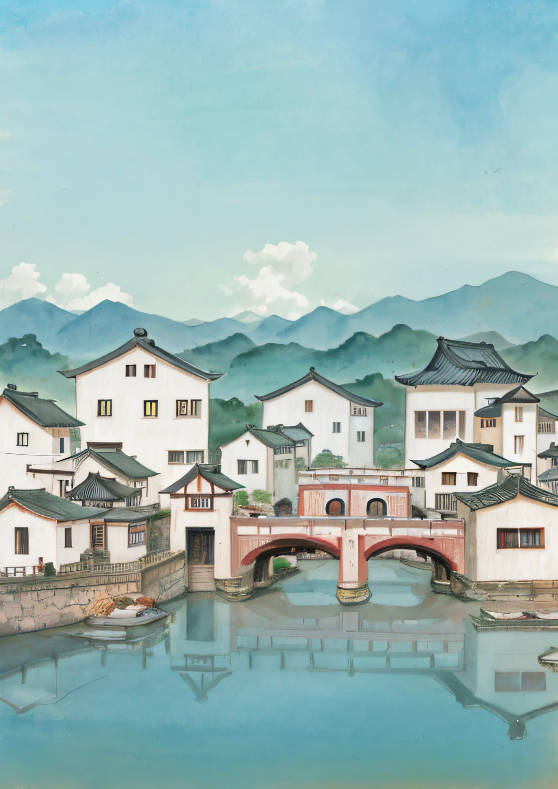 A caricature of a small town，There is a bridge over the river, dreamy Chinese towns, Chinese village, chinese watercolor style, old asian village, town background, japanese town, quaint village, Chinese painting style, fishing town, ancient city landscape, zhouzhuang ancient town, Japanese village,