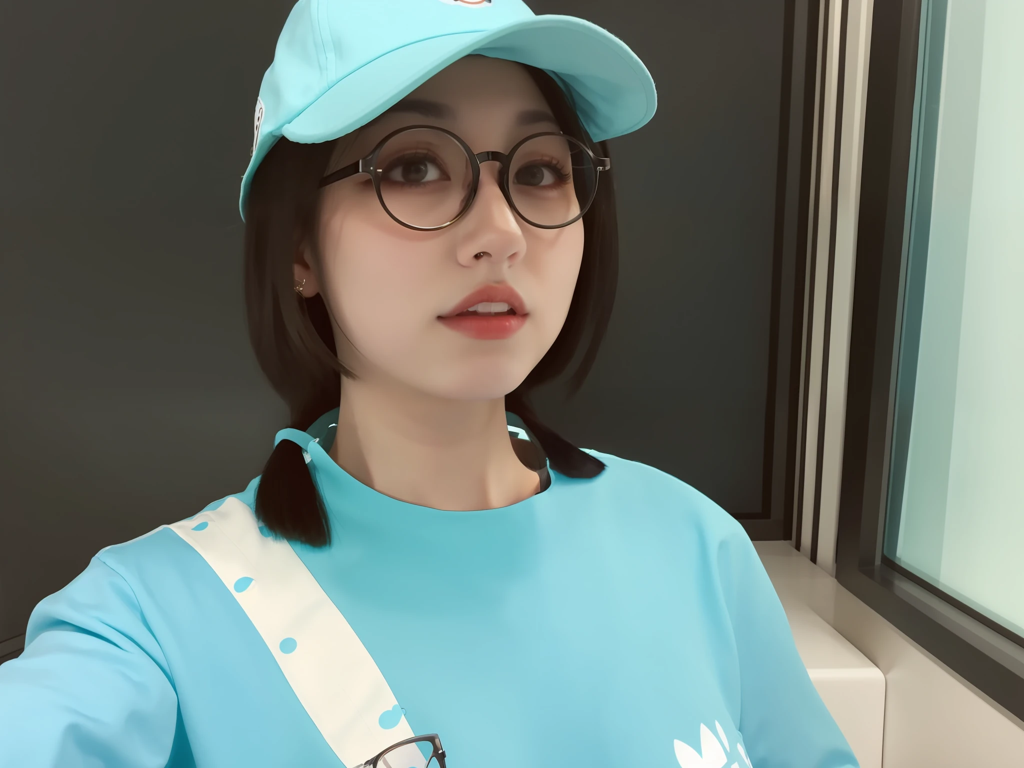 Take this photo as an example to draw a nine-square grid emoji,Cute girl, emoticon package, 9 emoticons, emoticon Symbol table, Multiple poses and expressions, Anthropomorphic style, Disney style, Black strokes, Different emotions,Multiple positions and expressions have a woman in a blue shirt and hat, wearing thin large round glasses, 4k,selfie photo, wearing small round glasses, wearing a travel hat, wearing round glasses, with teal clothes, With glasses, she wearing hat, wearing a cute hat, low quality video, wearing a chocker and cute hat, with round face,,
