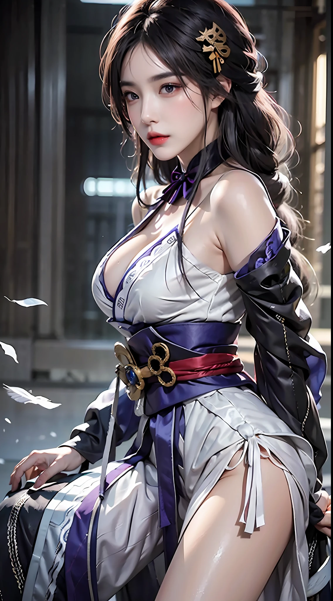 photorealistic, high resolution, 1 girl, white long hair, beautiful eyes, normal breast, raiden shogun costume