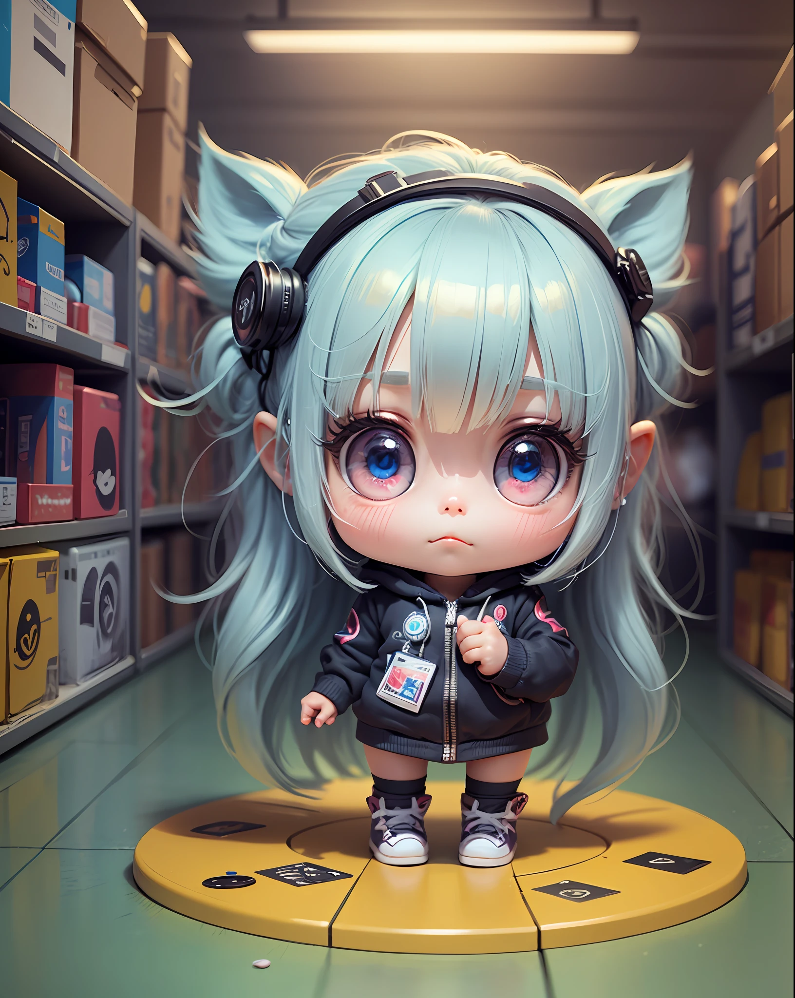 Super cute girl full body 3D image, 1pc, good eyes looking, big eye, bonito, glad, C4D, pop matt blind box, Long grey hair, bright bubbles, toys, Solid color background, Chibi, fluorescent translucent, luminous body, kawaii, humanoide, Reference table, blind box pop mart, Pixar, intricated details, 3D Rendering, mixer, Renderizadoll OC, FOL body reference sheet, dribbble, High Detail, 8K, Studio Lighting, Lori, Petite, Toddler, Chibi, SD characters: 23, Magic Space Warehouse background --auto --s2
