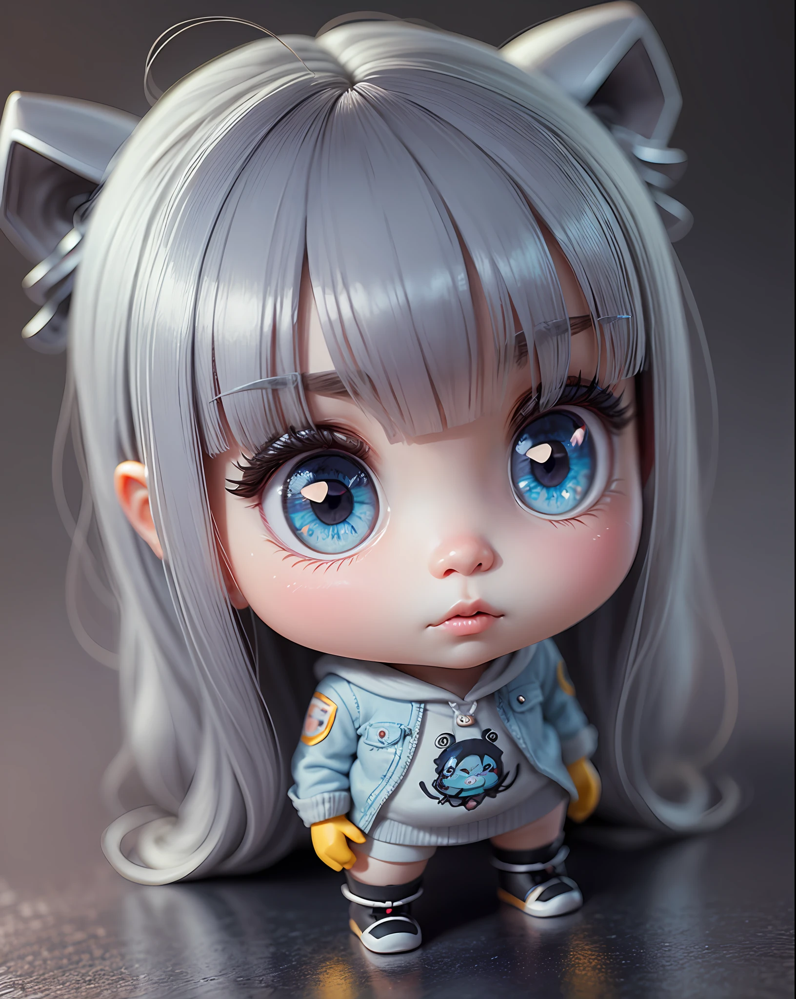 Super cute girl full body 3D image, 1pc, good eyes looking, big eye, bonito, glad, C4D, pop matt blind box, Long grey hair, bright bubbles, toys, Solid color background, Chibi, fluorescent translucent, luminous body, kawaii, humanoide, Reference table, blind box pop mart, Pixar, intricated details, 3D Rendering, mixer, Renderizadoll OC, FOL body reference sheet, dribbble, High Detail, 8K, Studio Lighting, Lori, Petite, Toddler, Chibi, SD characters: 23, Magic Space Warehouse background --auto --s2