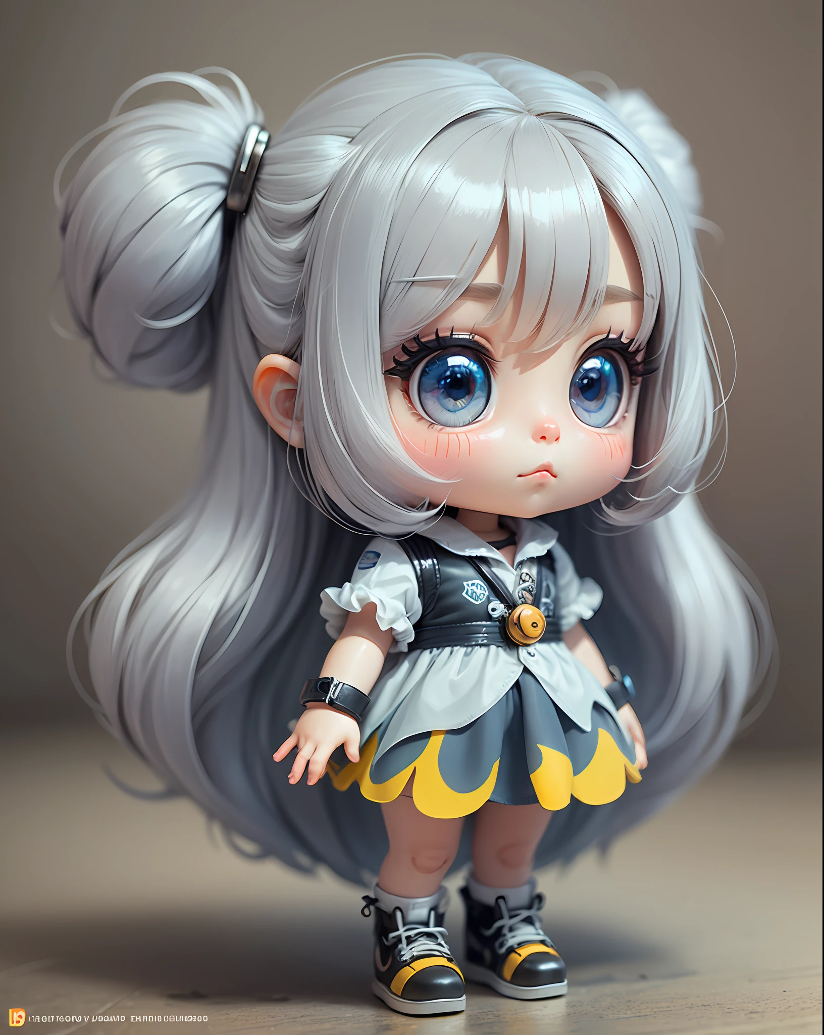 Super cute girl full body 3D image, 1pc, good eyes looking, big eye, bonito, glad, C4D, pop matt blind box, Long grey hair, bright bubbles, toys, Solid color background, Chibi, fluorescent translucent, luminous body, kawaii, humanoide, Reference table, blind box pop mart, Pixar, intricated details, 3D Rendering, mixer, Renderizadoll OC, FOL body reference sheet, dribbble, High Detail, 8K, Studio Lighting, Lori, Petite, Toddler, Chibi, SD characters: 23, Magic Space Warehouse background --auto --s2