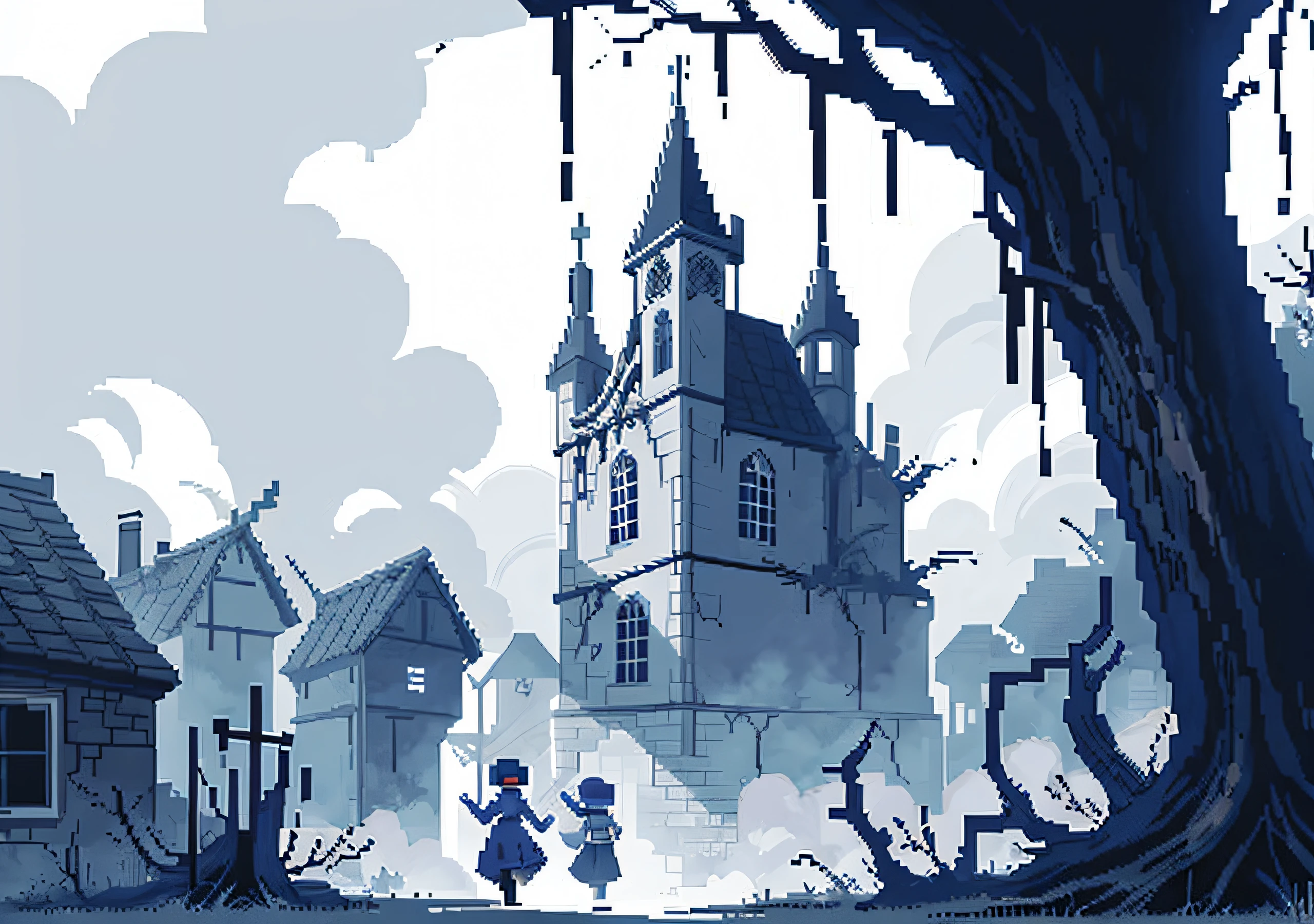 (gothic village), (pixel) (pixel art) (pixel style) crumbling architecture, dead vines cling to stone, pixel art, horror, abandoned village, middle ages, cloudy, gothic, lowres, pixelated, limited palette, dither shading