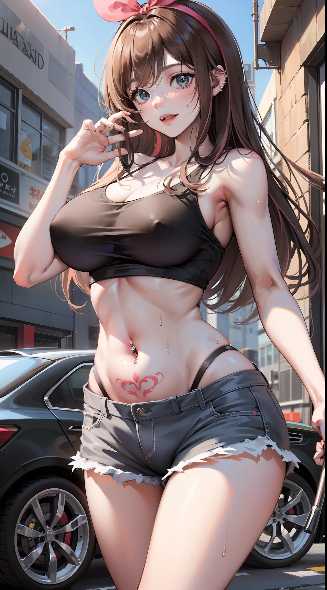 (Best quality, 8k, 32k, Masterpiece, UHD:1.2), kizuna ai, huge breasts,long hair, brown hair, multicolored hair, hair tied, pink hairband, pink highlights, streaked hair, smiling, black tank top, navel, navel piercing, tattoo on stomach, rippedjean panties, hose pipe, car , car wash , wet
