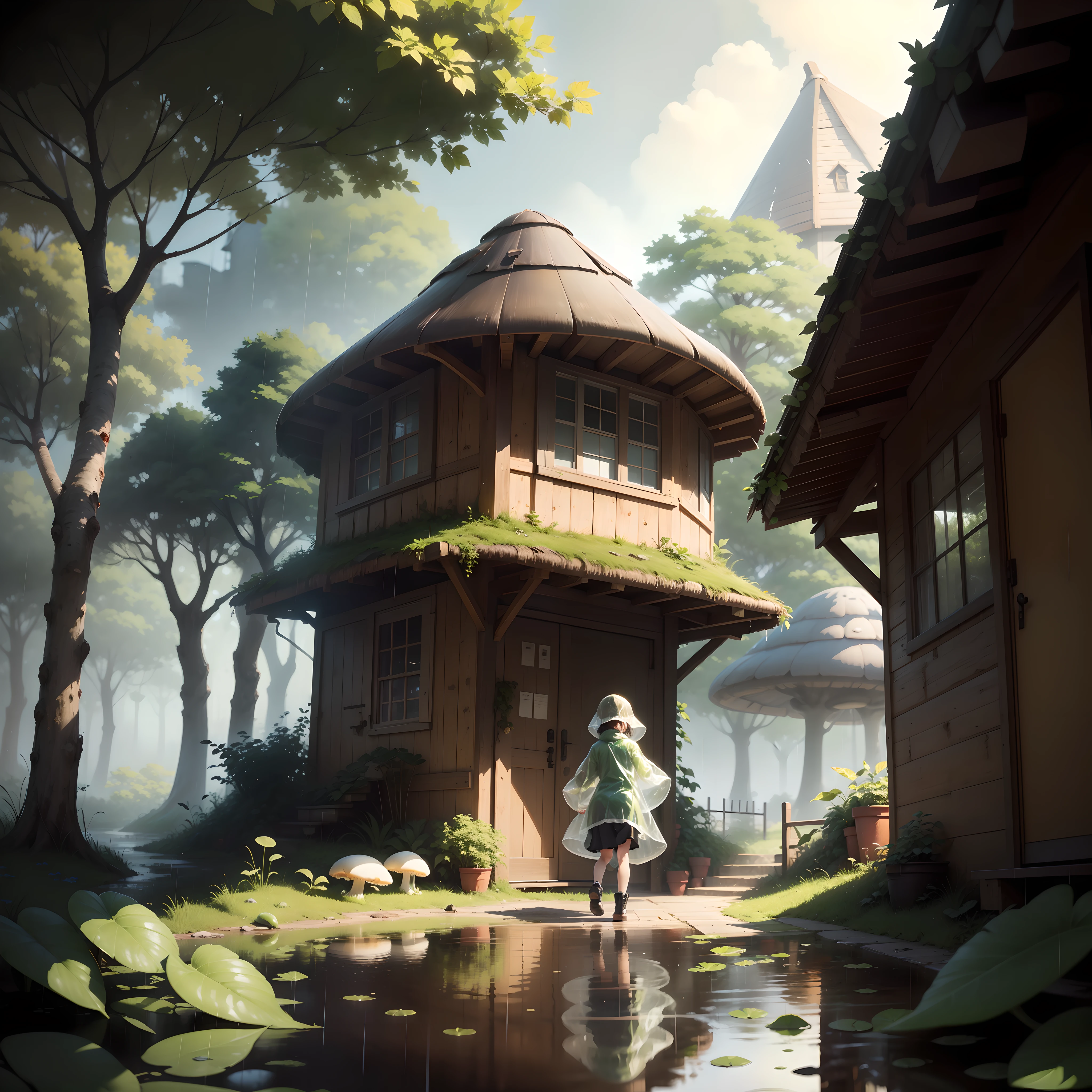 rainy days，Huge leaves，Huge puddles，Huge mushrooms，Mushroom hut，Green leaves and mushroom houses are reflected in puddles， in transparent raincoat，Stand under the leaves，There is a frog next to it holding green leaves to keep out the rain，Jumping towards the mushroom hut，freshen，Makoto Shinkai painting style