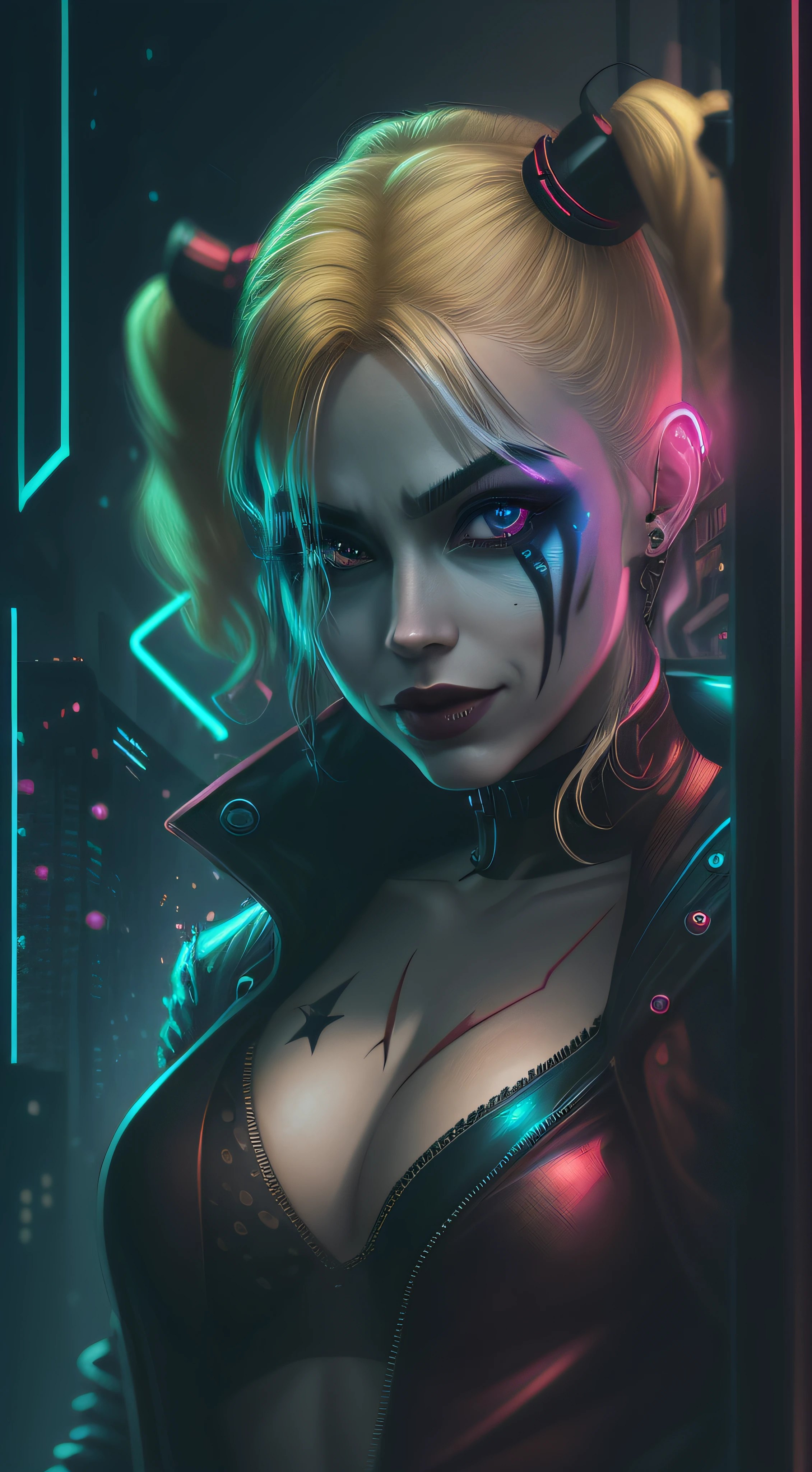 Diosa Harley Quinn de DC, neon ring on background, estilo de arte cyberpunk, Estilo cyberpunk, Estilo cyberpunk, Personaje cyberpunk, Estilo cyberpunk hiperrealista, Color cyberpunk, powerful lighting, motion synchronization, dinamismo, charged energy, hot action
