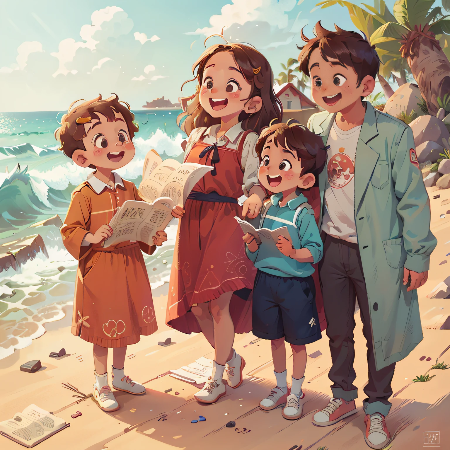4 children - Pedro (), Sofia (Meninaas (menino) e Clenina) - vestidasoupas coloridas e leves, smiling excitedly on a sunny beach by the sea. They hold an ancient map in their hands as they gaze at a majestic lighthouse in the background. Certifique-se de capturar a brisa do mar, The dancing waves and convey a sense of freedom and discovery.
