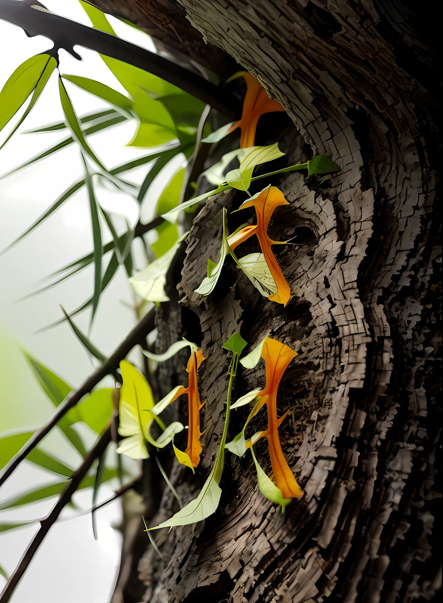 there is a plant that is growing out of a branch, Nature wallpaper, vertical wallpaper, mobile phone wallpaper, wallpaper mobile, leaves and magic, 4k vertical wallpaper, 4k vertical wallpaper, hd nature photography, abstract nature, rays of life, plant sap, beautiful wallpaper, wallpaper hd, high-quality wallpaper, magical leafs falling, harmony of nature, anime nature wallpap