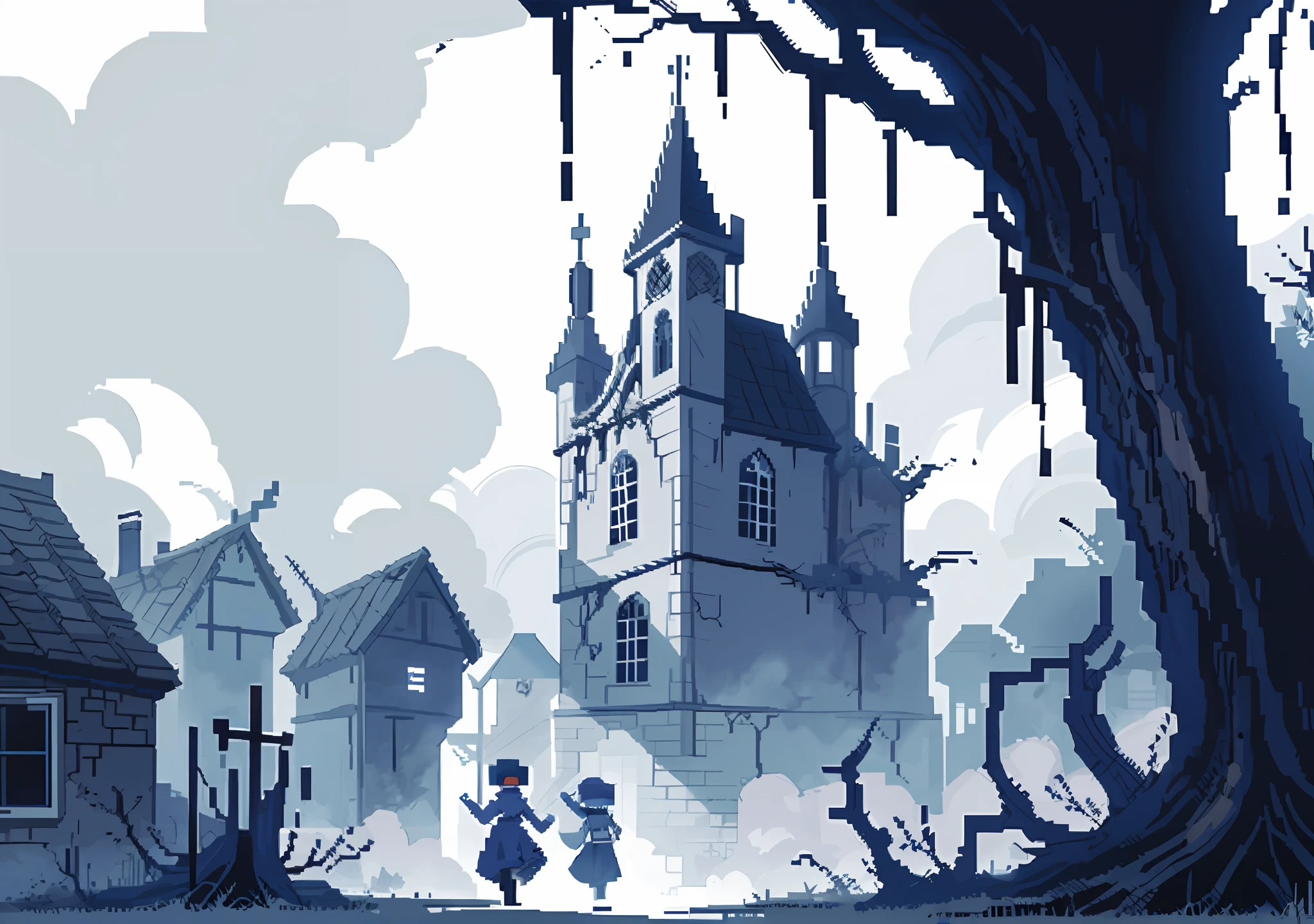 (gothic village), (pixel) (pixel art) (pixel style) crumbling architecture, dead vines cling to stone, pixel art, horror, abandoned village, middle ages, cloudy, gothic, lowres, pixelated, limited palette, dither shading