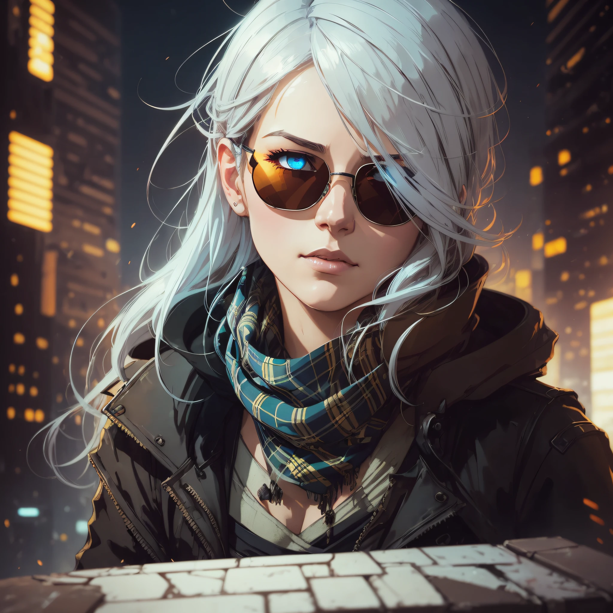 (dark shot:1.1), epic realistic, portrait of halo, sunglasses, blue eyes, tartan scarf, white hair by atey ghailan, by greg rutkowski, by greg tocchini, by james gilleard, by joe fenton, by kaethe butcher, gradient yellow, black, brown and magenta color scheme, grunge aesthetic!!! graffiti tag wall background, art by greg rutkowski and artgerm, soft cinematic light, adobe lightroom, photolab, hdr, intricate, highly detailed, (depth of field:1.4), faded, (neutral colors:1.2), (hdr:1.4), (muted colors:1.2), hyperdetailed, (artstation:1.4), cinematic, warm lights, dramatic light, (intricate details:1.1), complex background, (rutkowski:0.66), (teal and orange:0.4) --auto --s2