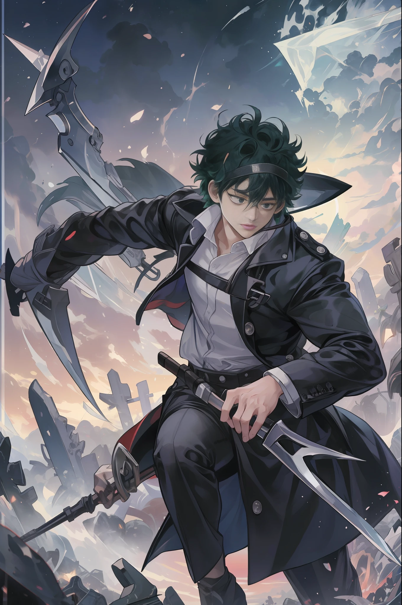 Izuku Midoriya as the grim reaper wearing plague doctor's clothes wielding a scythe on a cementary under the crimson moonlight